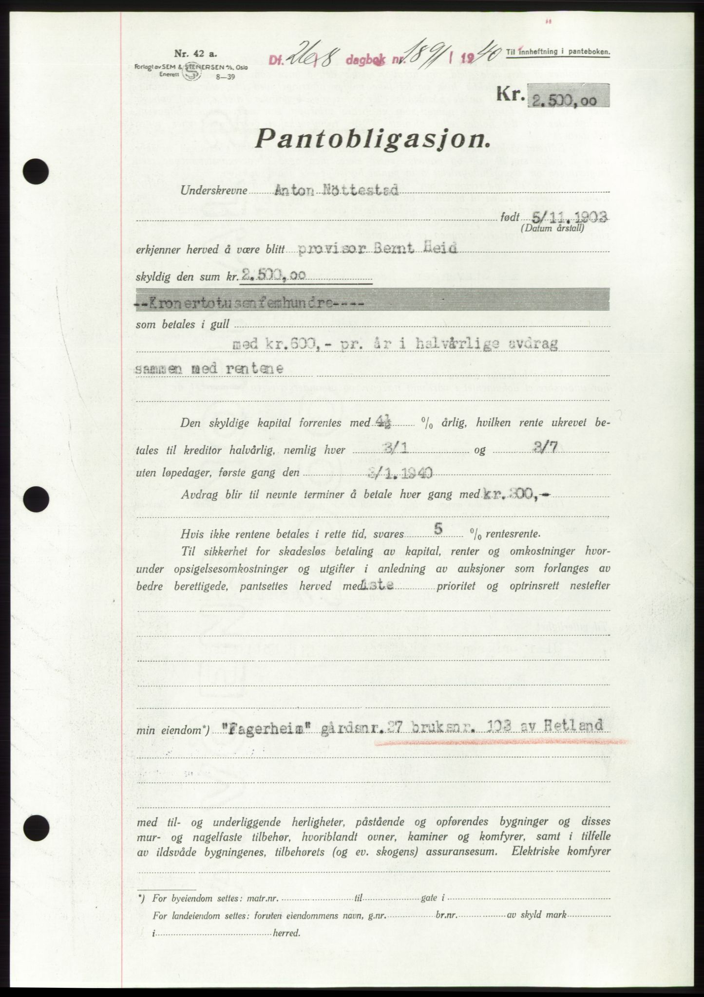 Jæren sorenskriveri, SAST/A-100310/03/G/Gba/L0078: Pantebok, 1940-1940, Dagboknr: 1891/1940