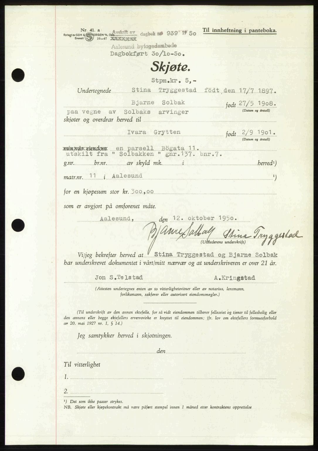 Ålesund byfogd, AV/SAT-A-4384: Pantebok nr. 37A (2), 1949-1950, Dagboknr: 939/1950