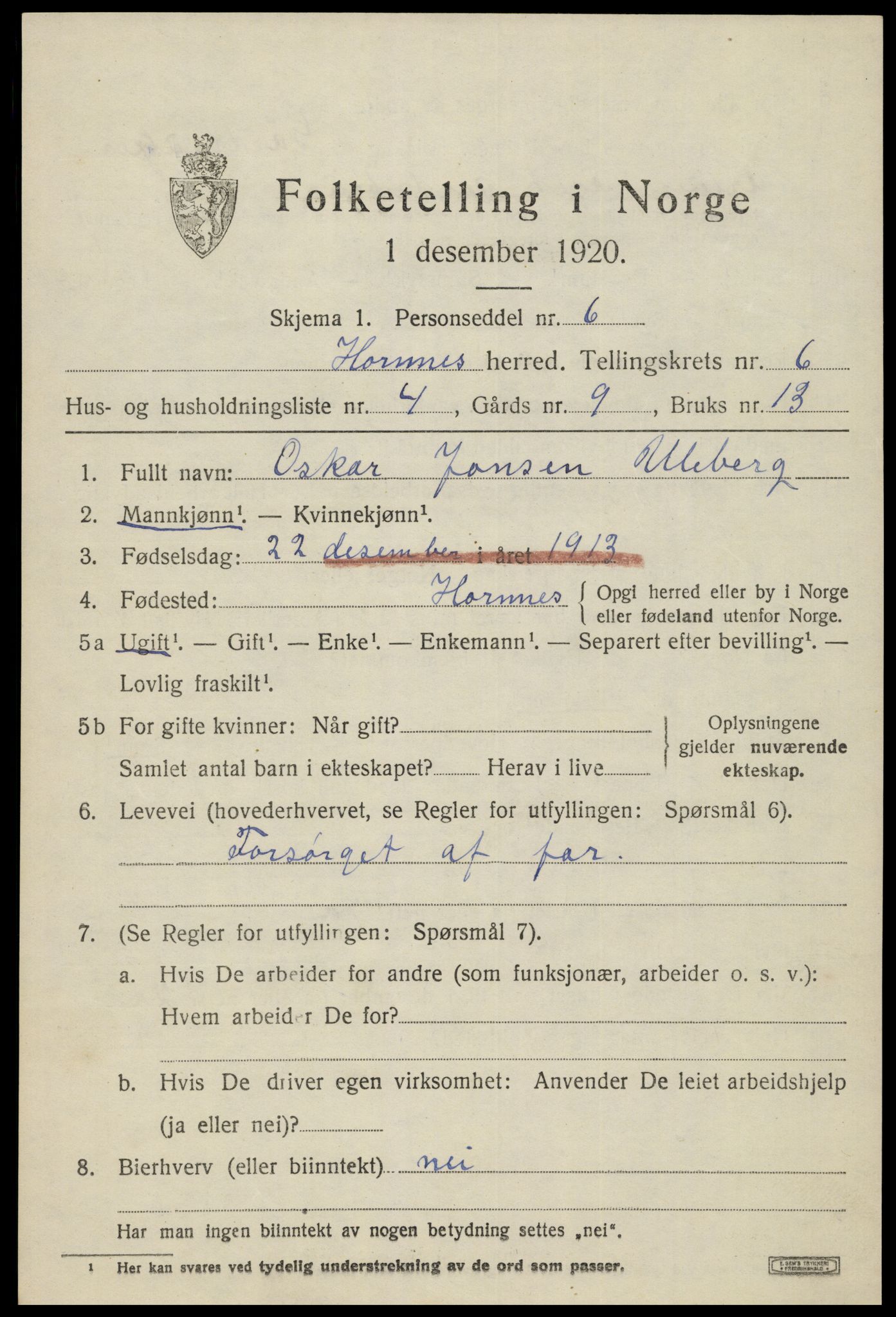 SAK, Folketelling 1920 for 0936 Hornnes herred, 1920, s. 1597