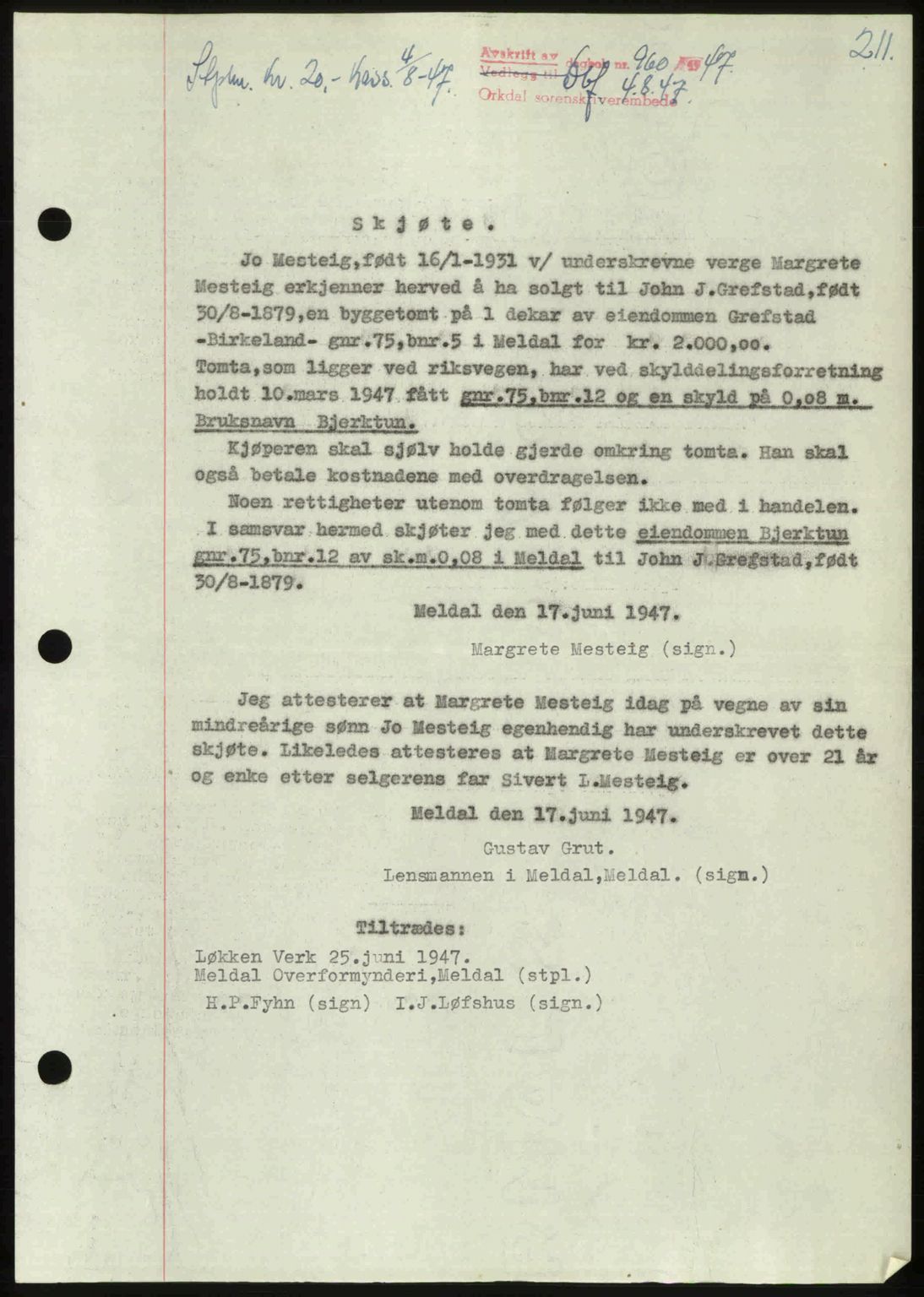 Orkdal sorenskriveri, SAT/A-4169/1/2/2C: Pantebok nr. A, 1947-1947, Dagboknr: 960/1947