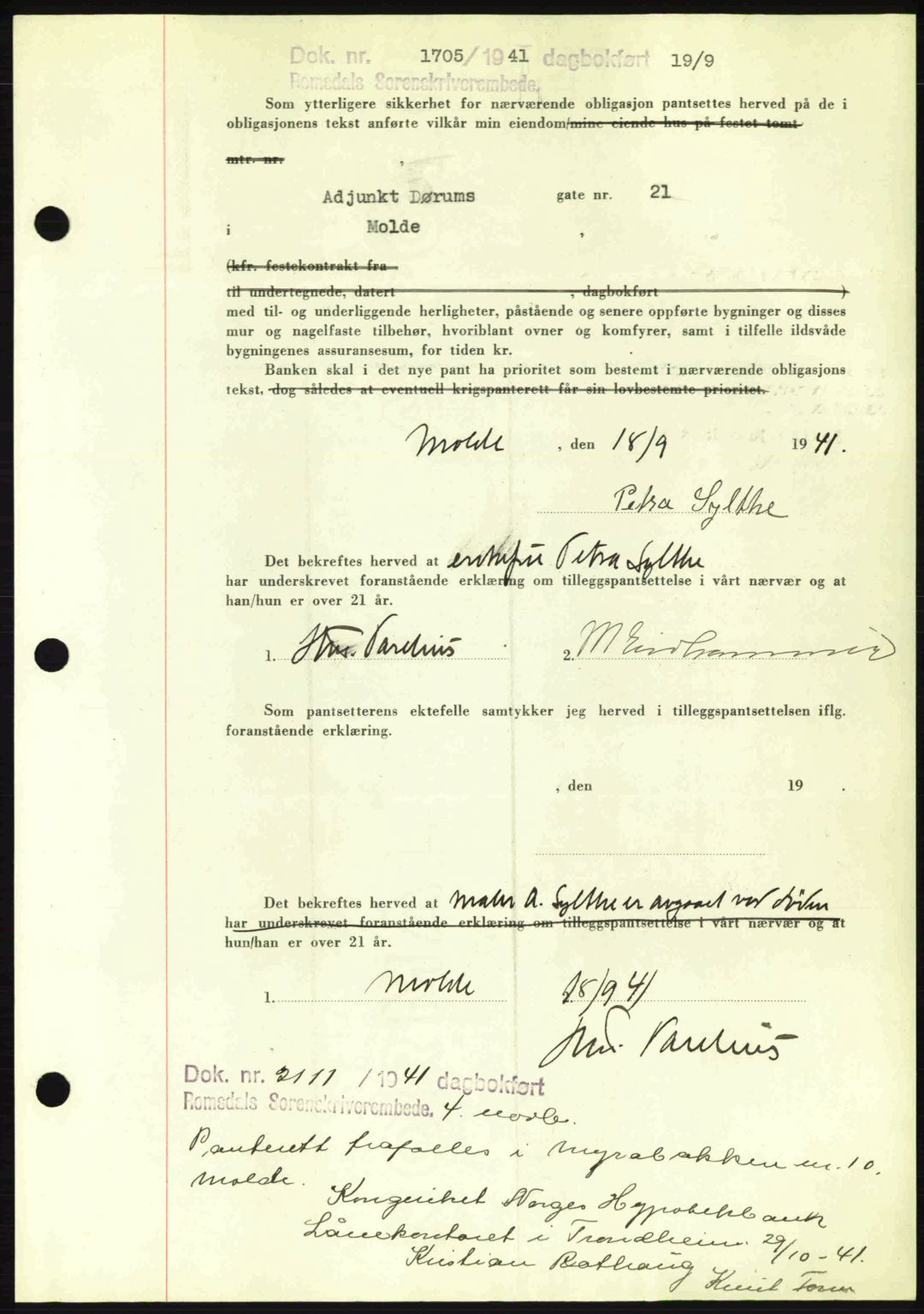 Romsdal sorenskriveri, AV/SAT-A-4149/1/2/2C: Pantebok nr. B2, 1939-1945, Dagboknr: 1705/1941