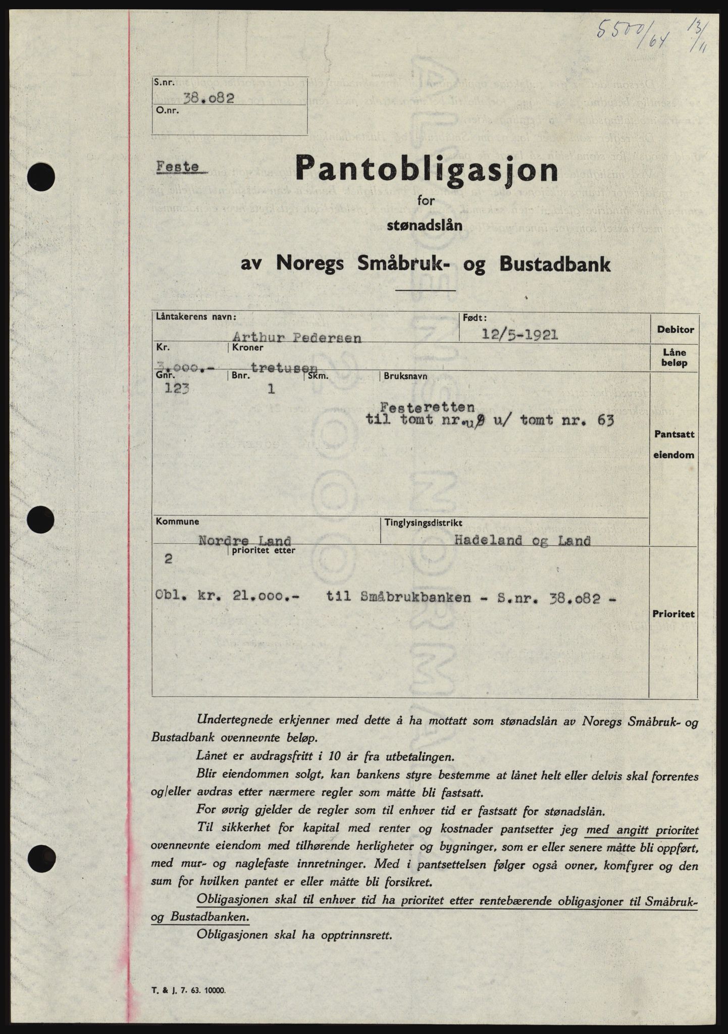 Hadeland og Land tingrett, SAH/TING-010/H/Hb/Hbc/L0056: Pantebok nr. B56, 1964-1964, Dagboknr: 5500/1964