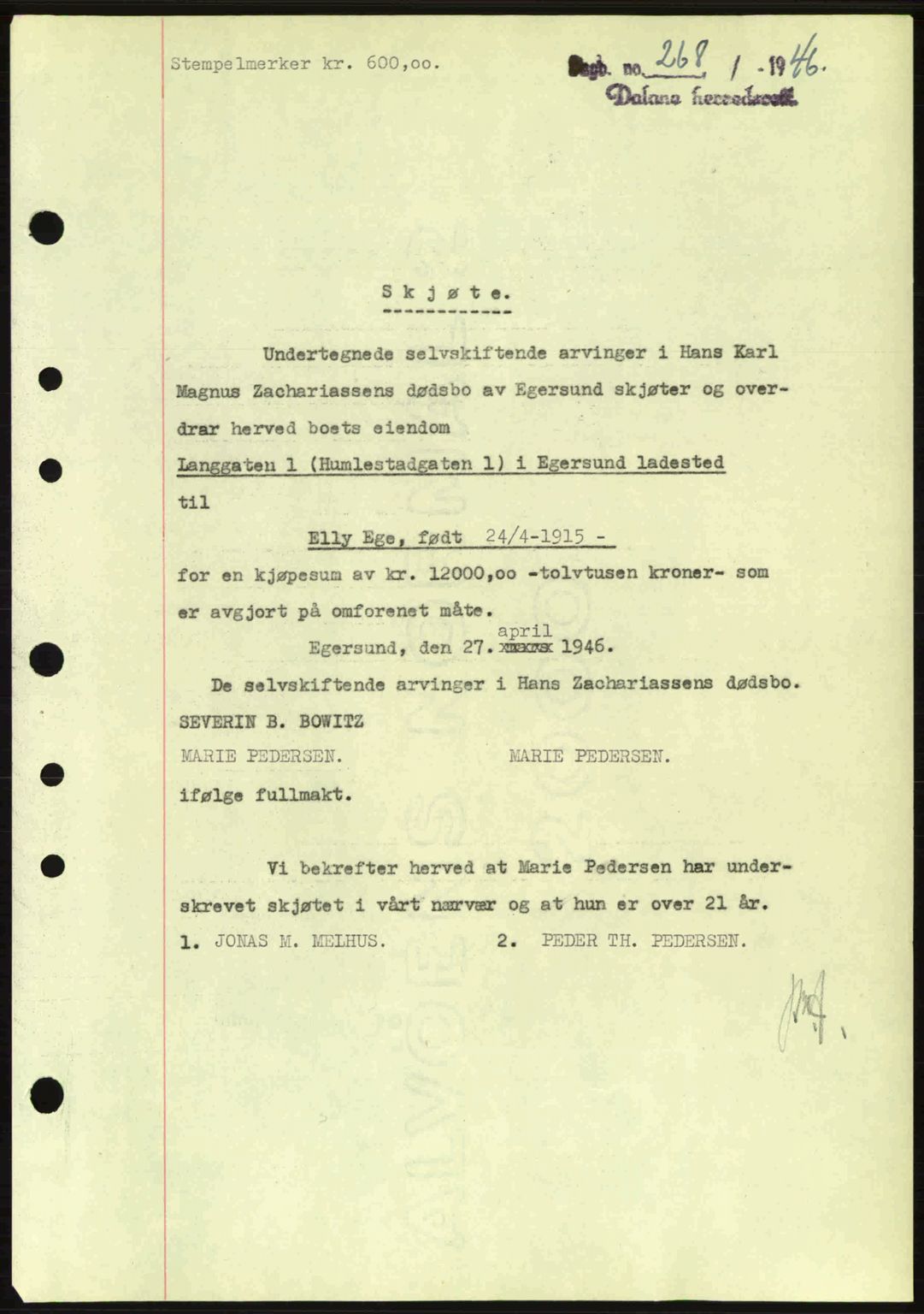 Dalane sorenskriveri, SAST/A-100309/02/G/Gb/L0049: Pantebok nr. A9, 1946-1947, Dagboknr: 268/1946