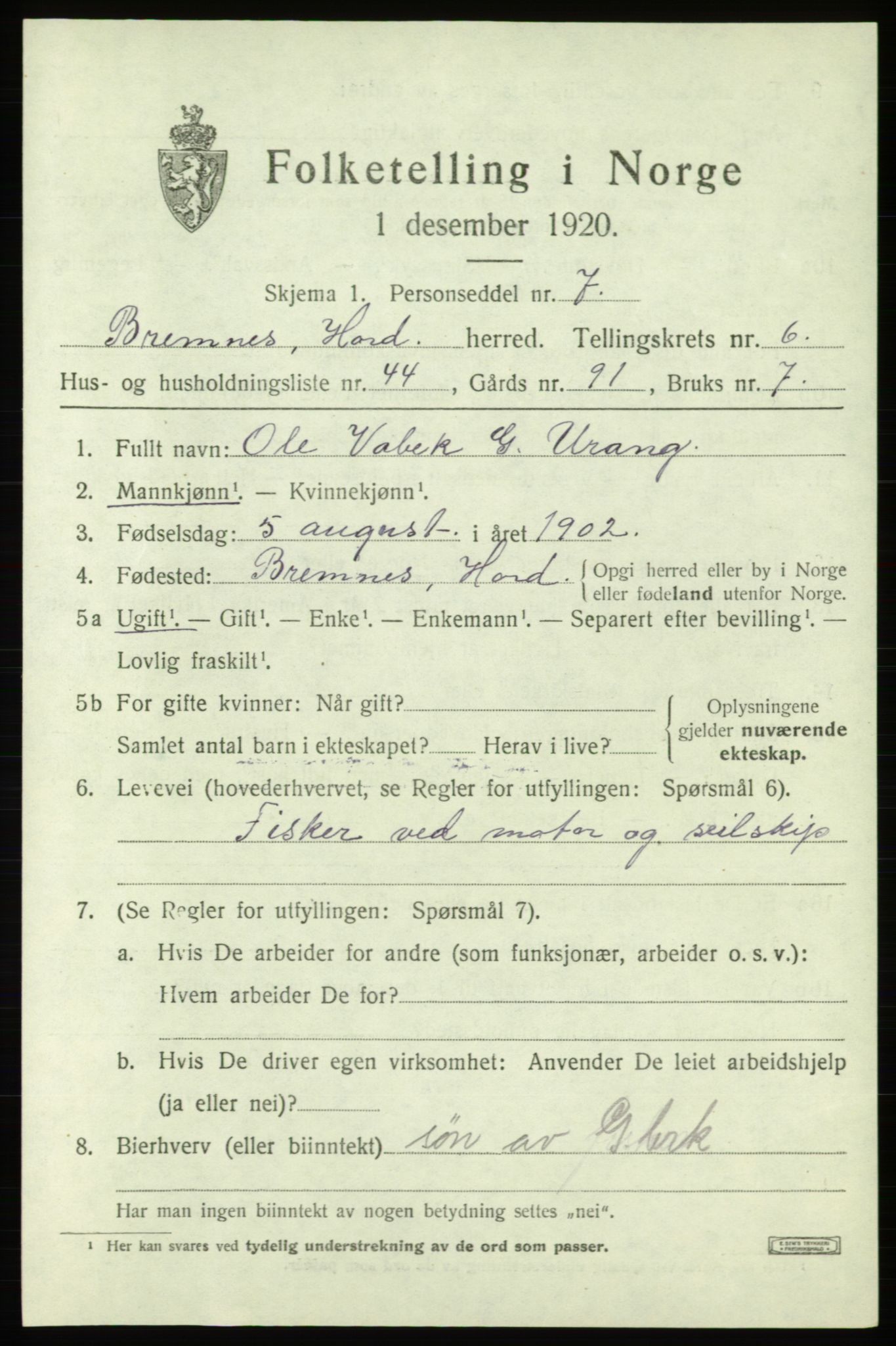 SAB, Folketelling 1920 for 1220 Bremnes herred, 1920, s. 3840