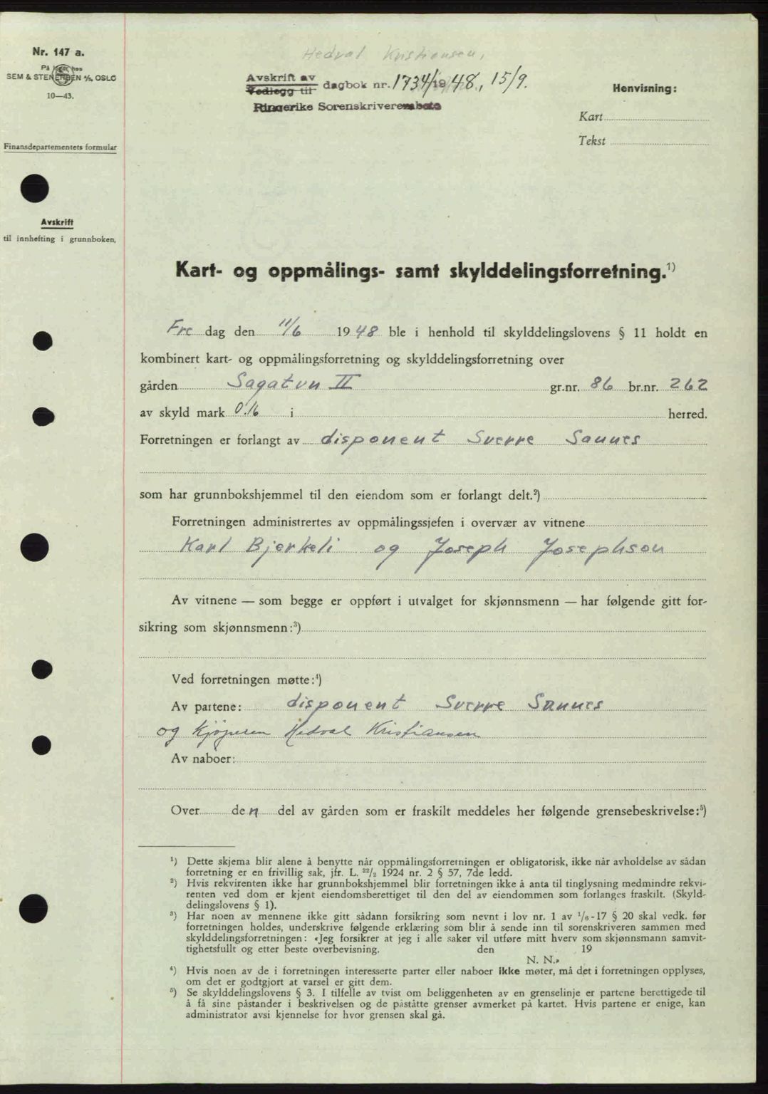 Ringerike sorenskriveri, SAKO/A-105/G/Ga/Gab/L0088: Pantebok nr. A-19, 1948-1948, Dagboknr: 1734/1948