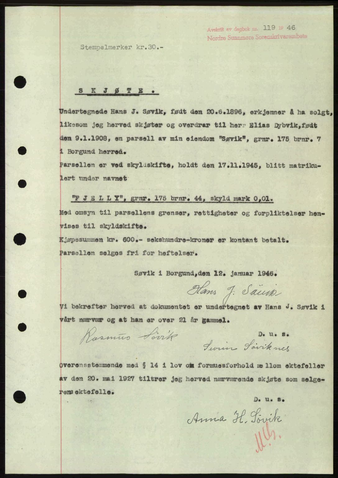 Nordre Sunnmøre sorenskriveri, SAT/A-0006/1/2/2C/2Ca: Pantebok nr. A20b, 1946-1946, Dagboknr: 119/1946