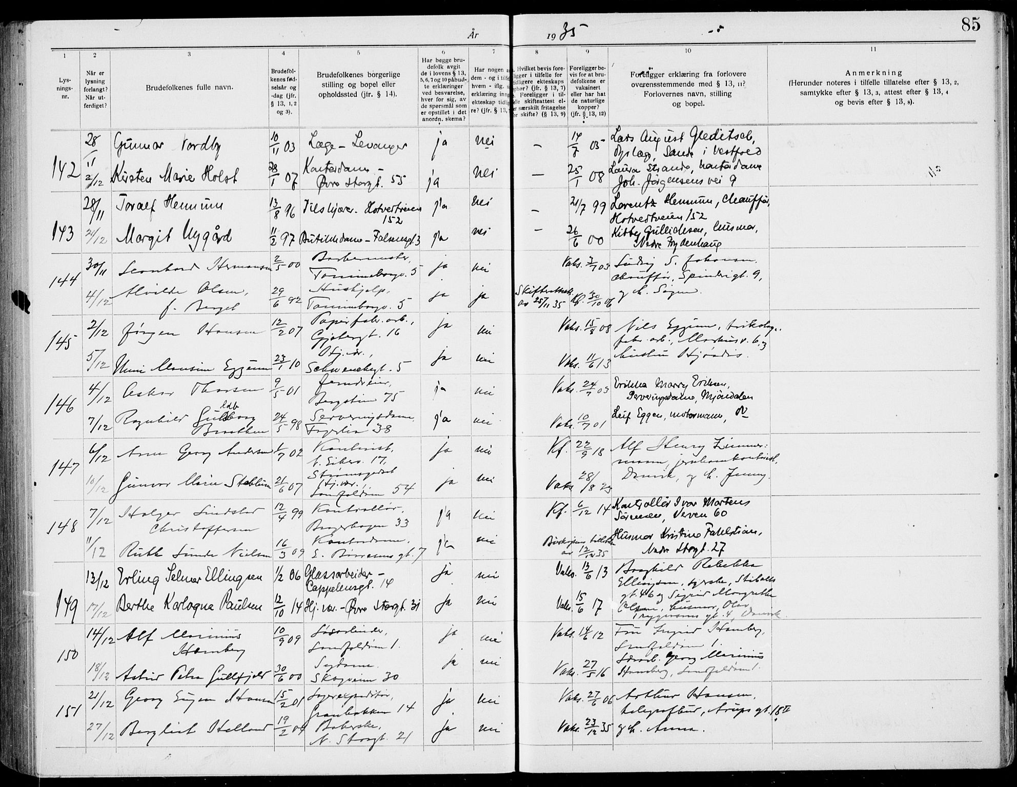 Bragernes kirkebøker, AV/SAKO-A-6/H/Ha/L0013: Lysningsprotokoll nr. 13, 1929-1937, s. 85