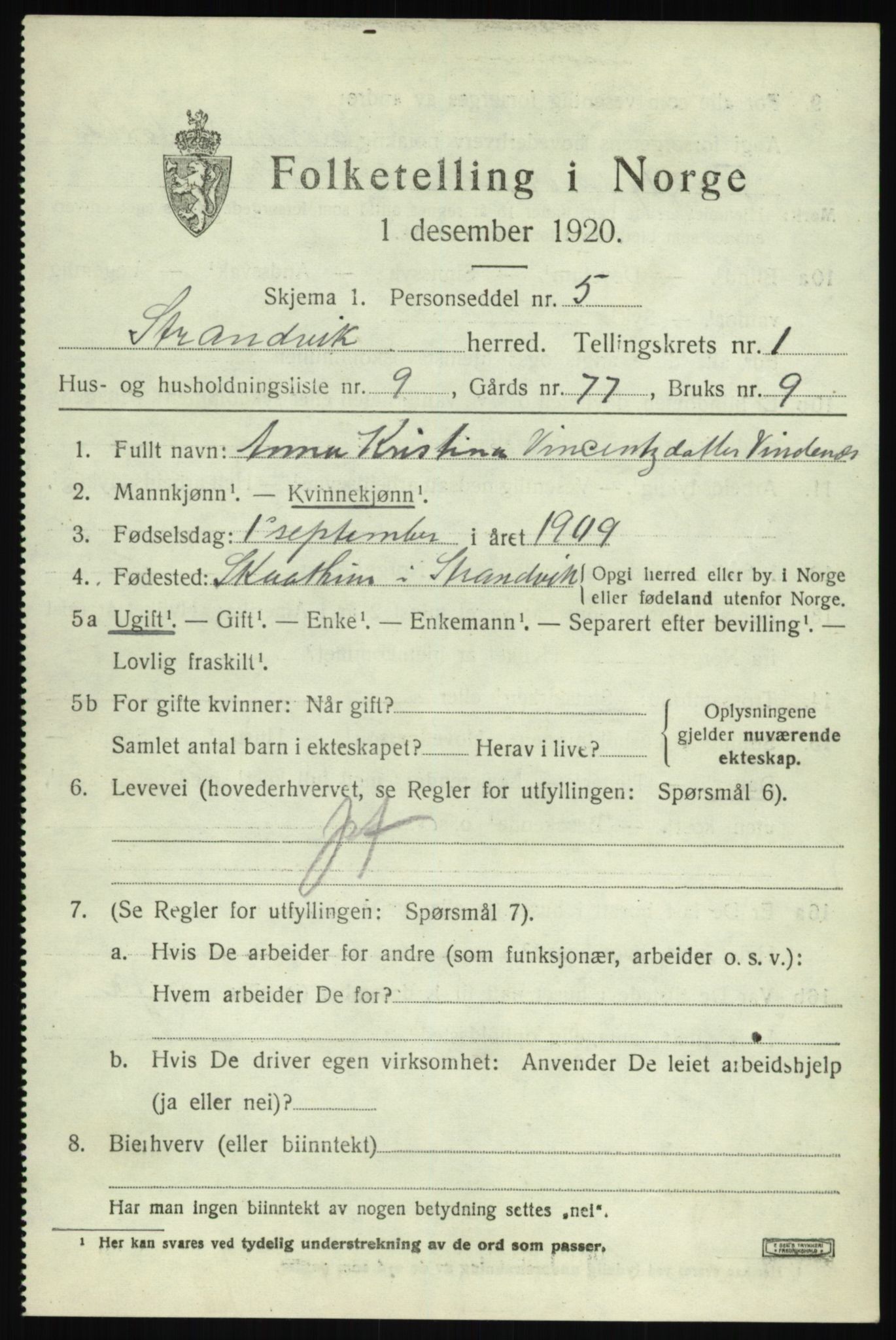 SAB, Folketelling 1920 for 1240 Strandvik herred, 1920, s. 850