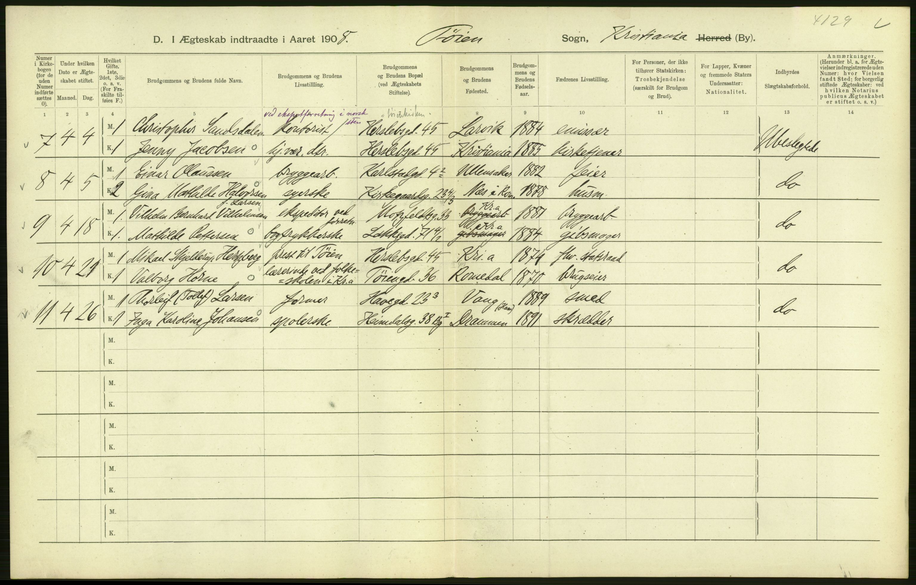 Statistisk sentralbyrå, Sosiodemografiske emner, Befolkning, AV/RA-S-2228/D/Df/Dfa/Dfaf/L0007: Kristiania: Gifte, 1908, s. 78