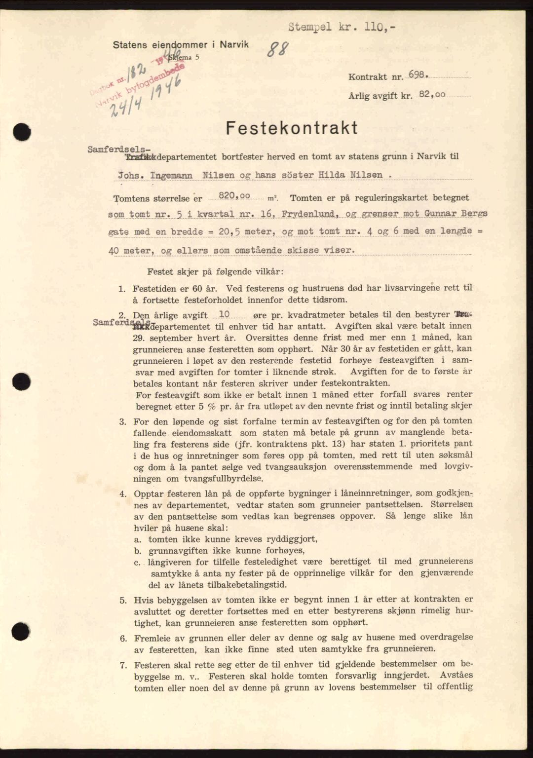 Narvik sorenskriveri, SAT/A-0002/1/2/2C/2Ca: Pantebok nr. A21, 1946-1947, Dagboknr: 182/1946
