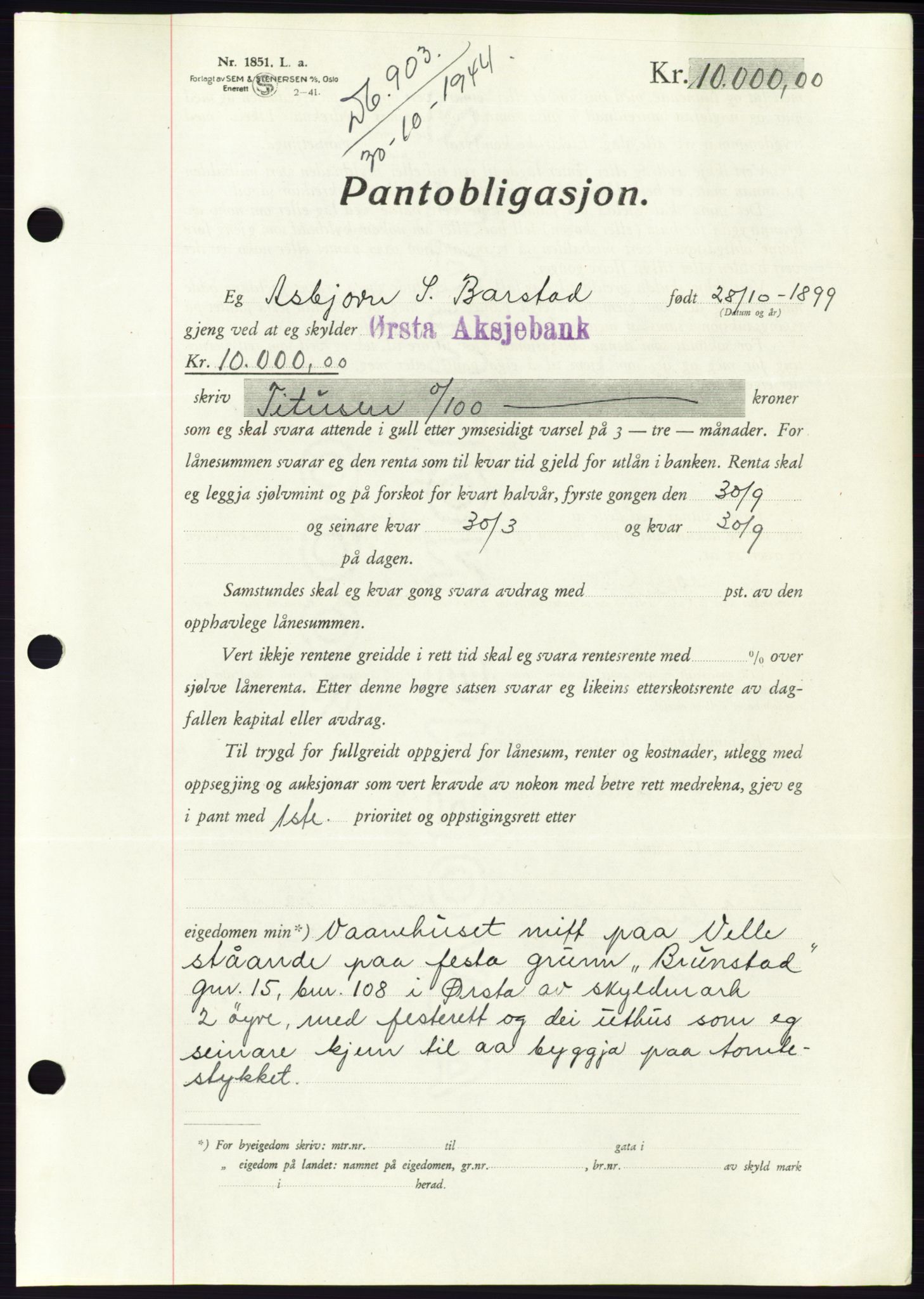 Søre Sunnmøre sorenskriveri, AV/SAT-A-4122/1/2/2C/L0114: Pantebok nr. 1-2B, 1943-1947, Dagboknr: 903/1944