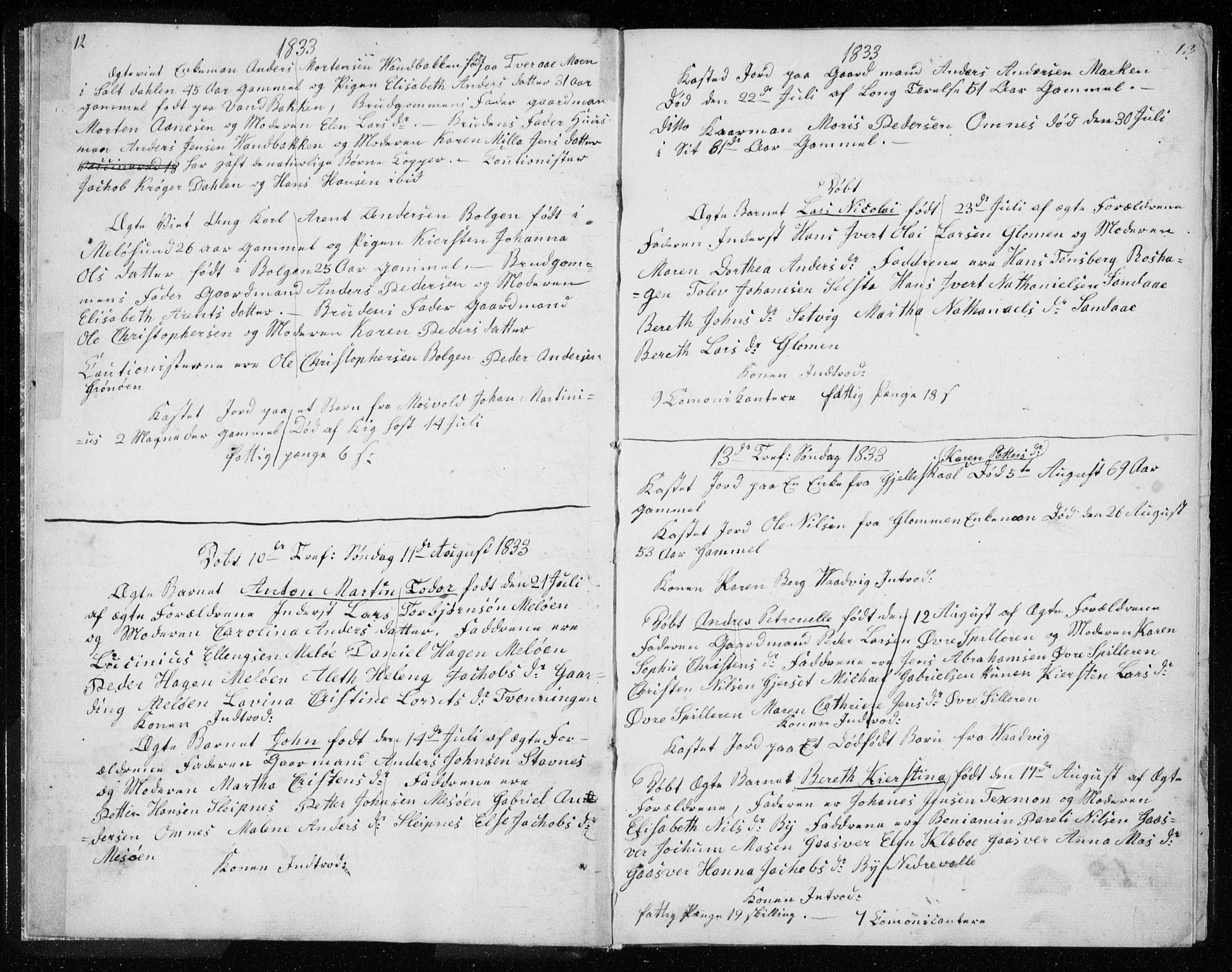 Ministerialprotokoller, klokkerbøker og fødselsregistre - Nordland, AV/SAT-A-1459/843/L0632: Klokkerbok nr. 843C01, 1833-1853, s. 12-13