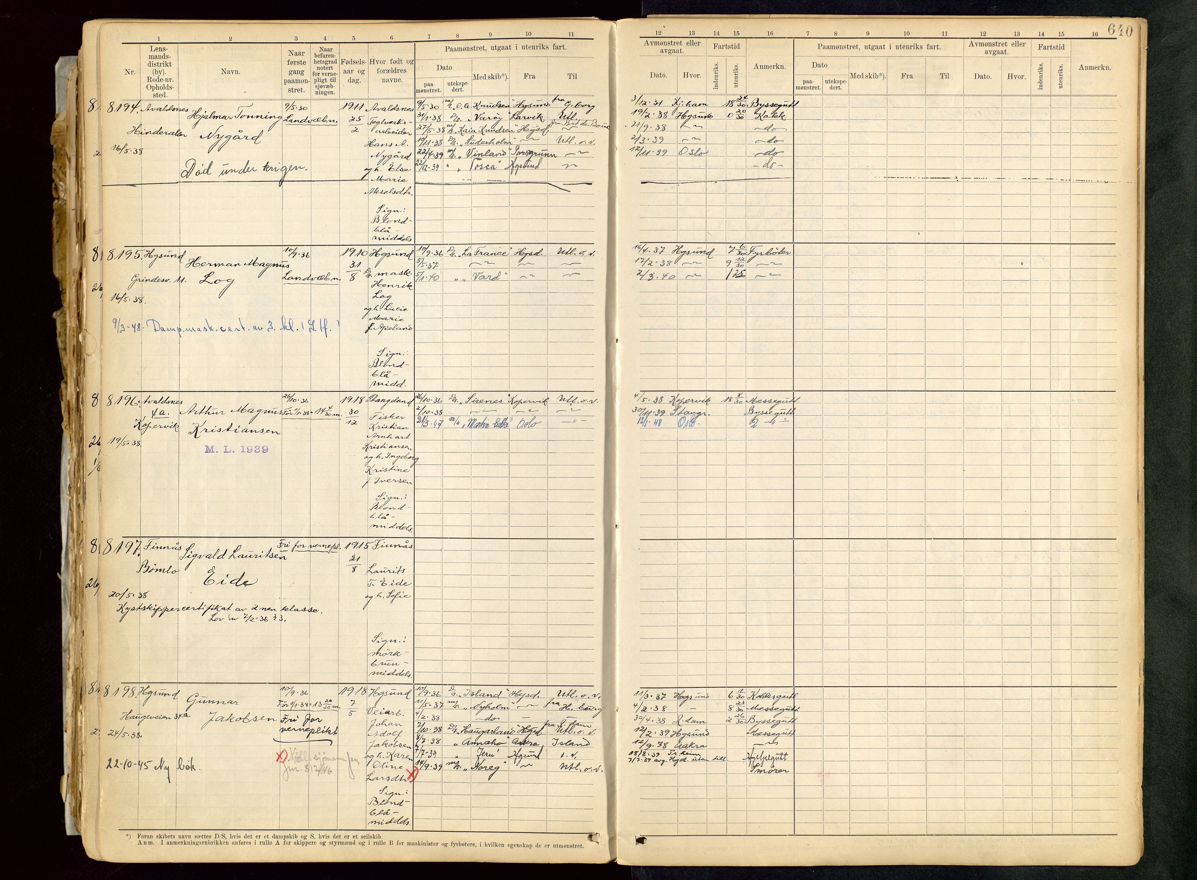 Haugesund sjømannskontor, SAST/A-102007/F/Fb/Fbb/L0013: Sjøfartsrulle A Haugesund kretsnr. 5000-8999, 1868-1948, s. 640