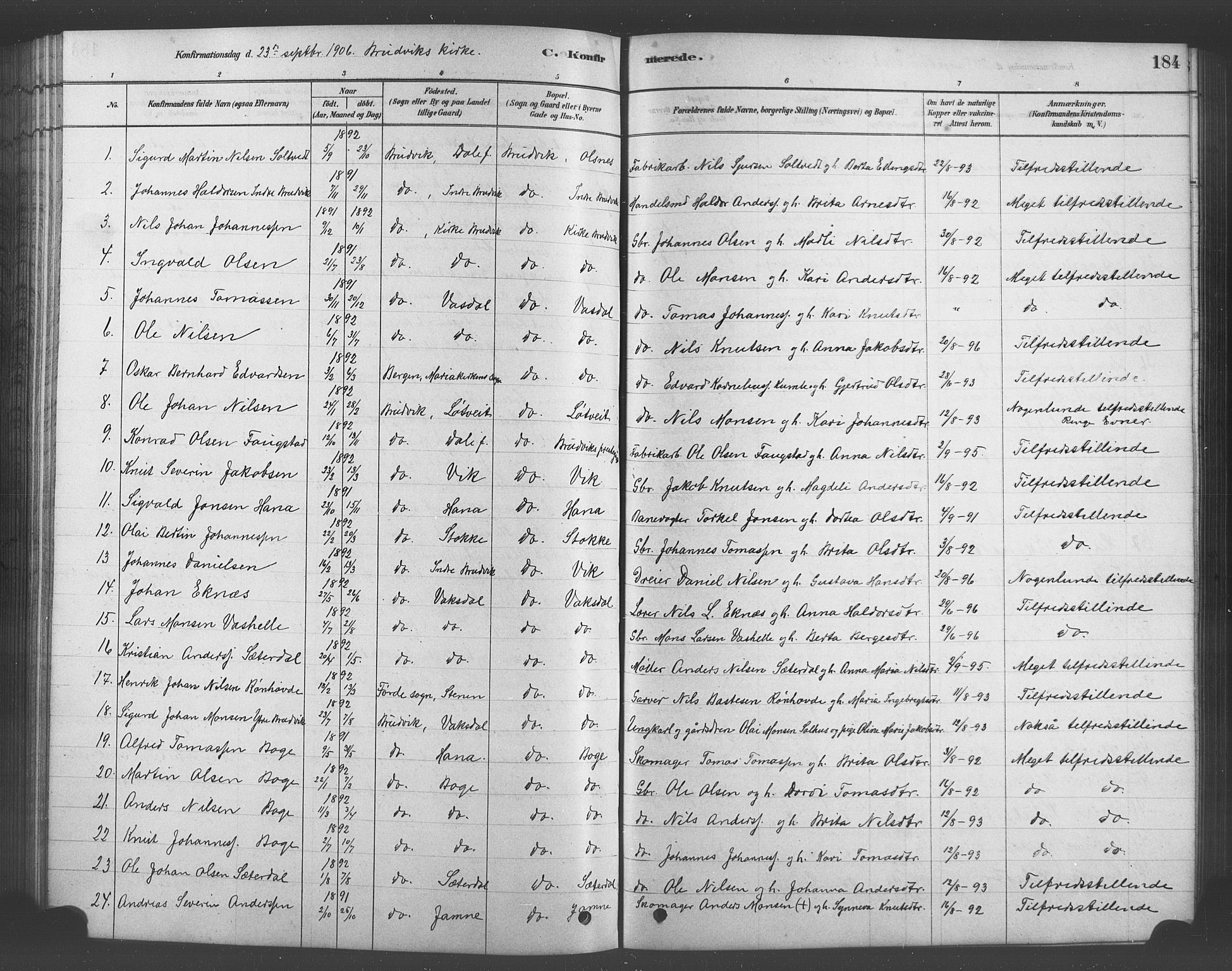 Bruvik Sokneprestembete, AV/SAB-A-74701/H/Hab: Klokkerbok nr. A 1, 1878-1907, s. 184