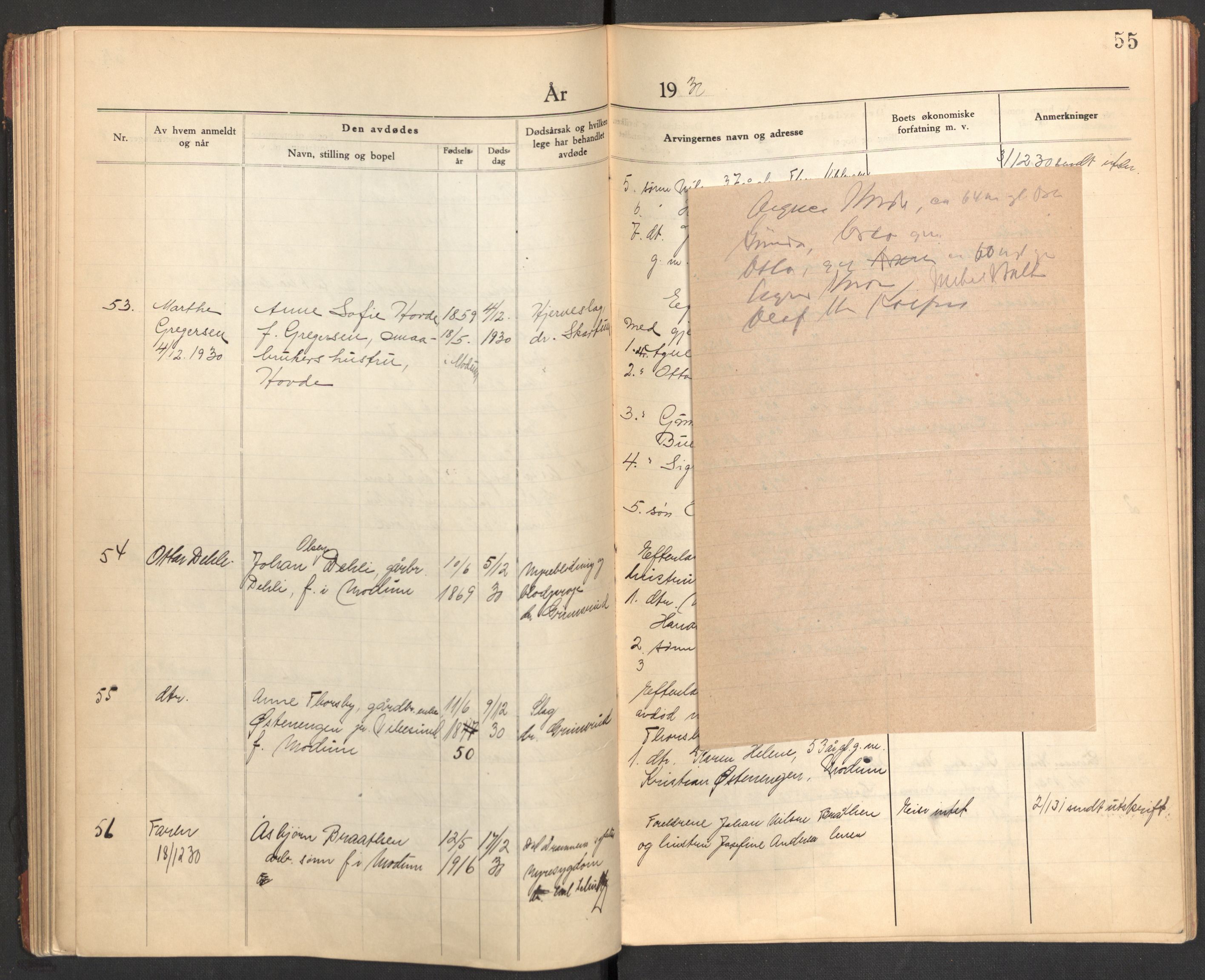 Modum lensmannskontor, AV/SAKO-A-524/H/Ha/Hab/L0006: Dødsfallsprotokoll - Nordre Modum, 1928-1932, s. 55