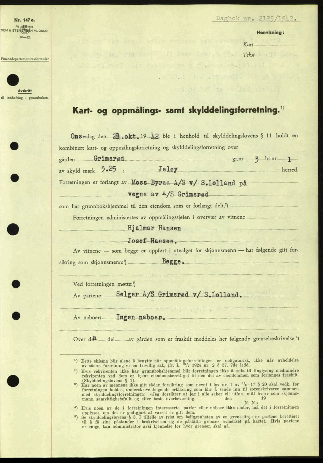 Moss sorenskriveri, SAO/A-10168: Pantebok nr. A10, 1942-1943, Dagboknr: 2125/1942