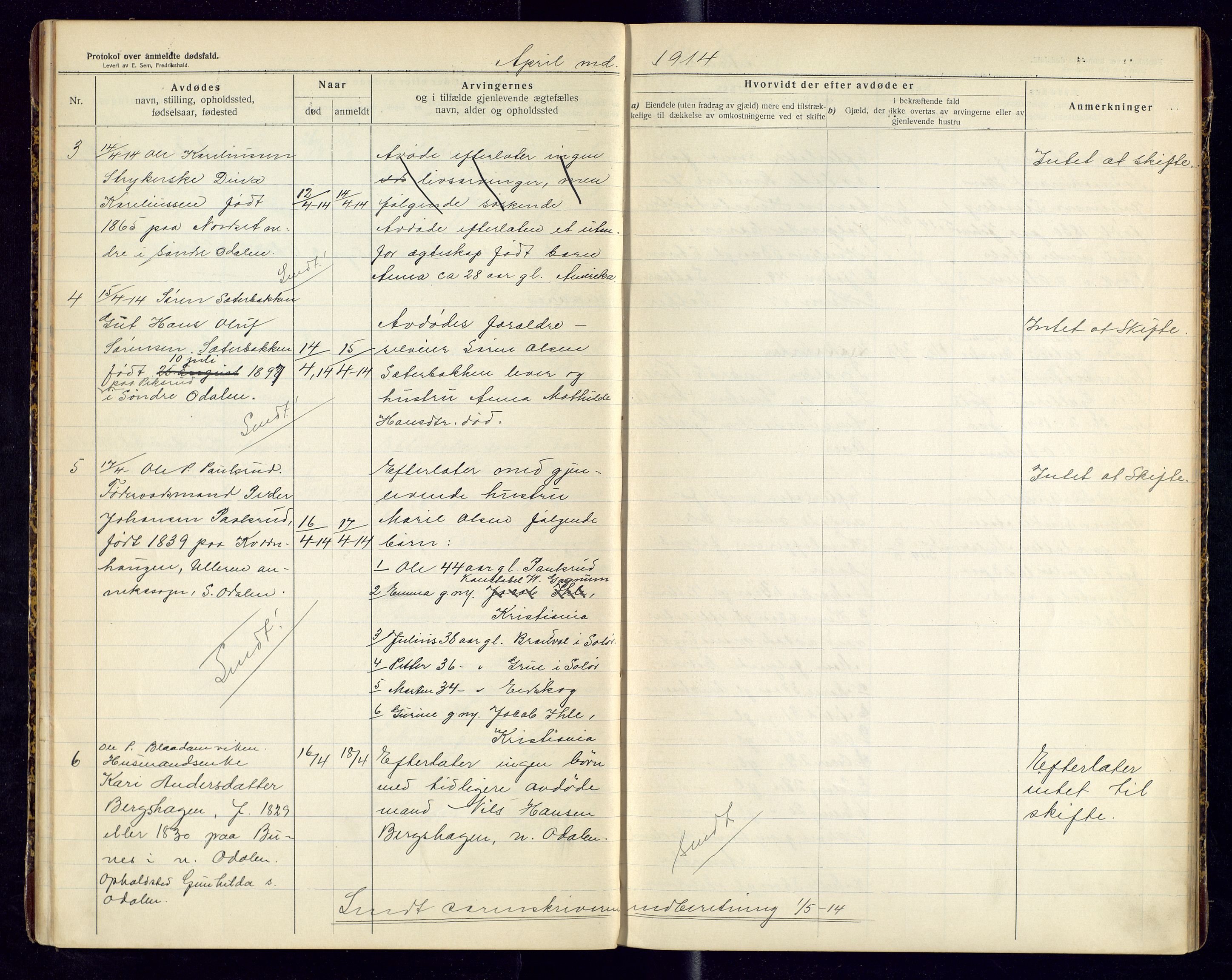 Sør-Odal lensmannskontor, SAH/LHS-022/H/Hb/L0002/0001: Protokoller over anmeldte dødsfall / Protokoll over anmeldte dødsfall, 1913-1915