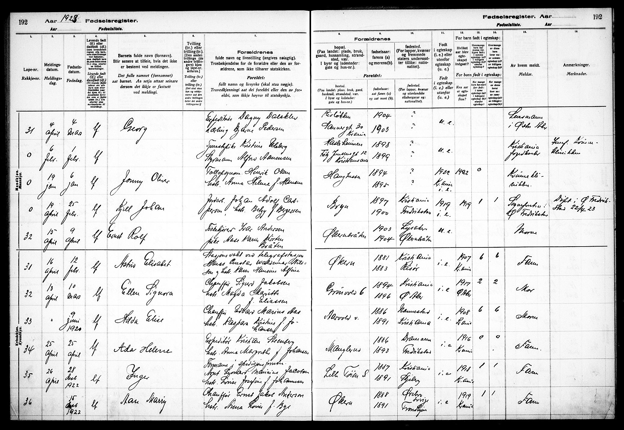 Østre Aker prestekontor Kirkebøker, AV/SAO-A-10840/J/Ja/L0001: Fødselsregister nr. I 1, 1916-1923, s. 192