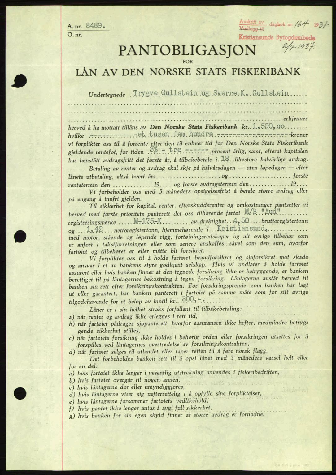 Kristiansund byfogd, SAT/A-4587/A/27: Pantebok nr. 29, 1936-1937, Dagboknr: 164/1937