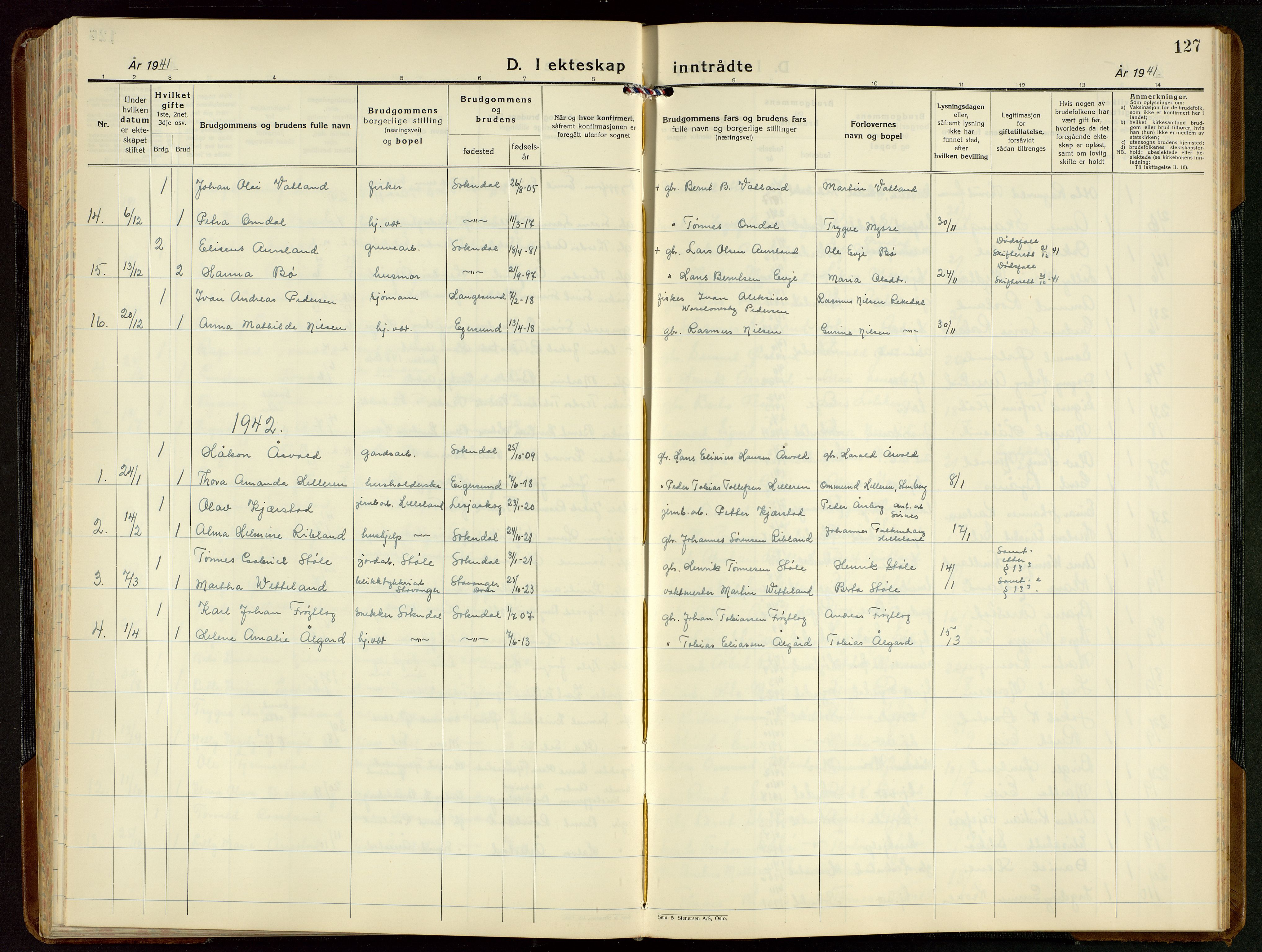 Sokndal sokneprestkontor, AV/SAST-A-101808: Klokkerbok nr. B 9, 1935-1949, s. 127