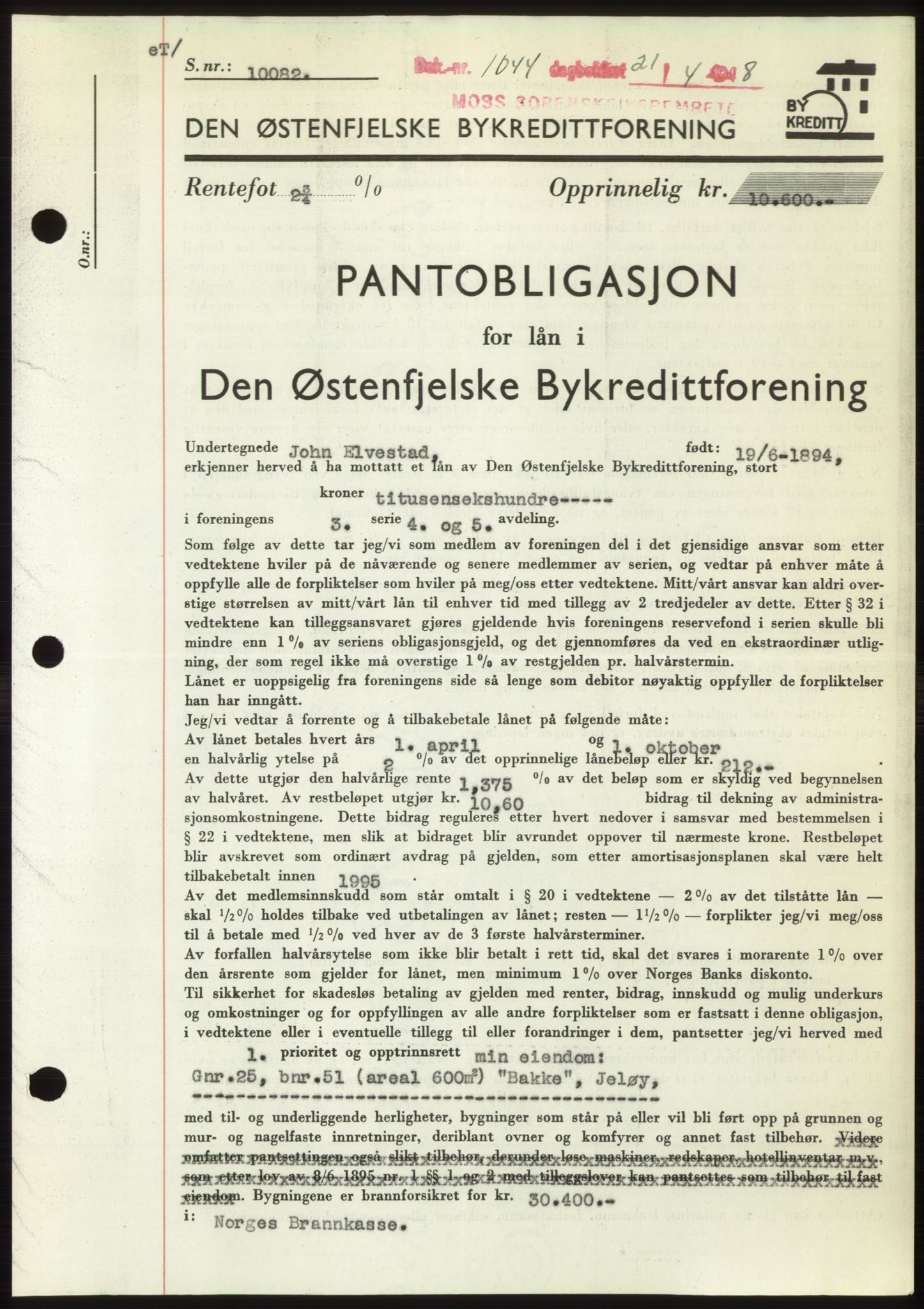 Moss sorenskriveri, SAO/A-10168: Pantebok nr. B19, 1948-1948, Dagboknr: 1044/1948