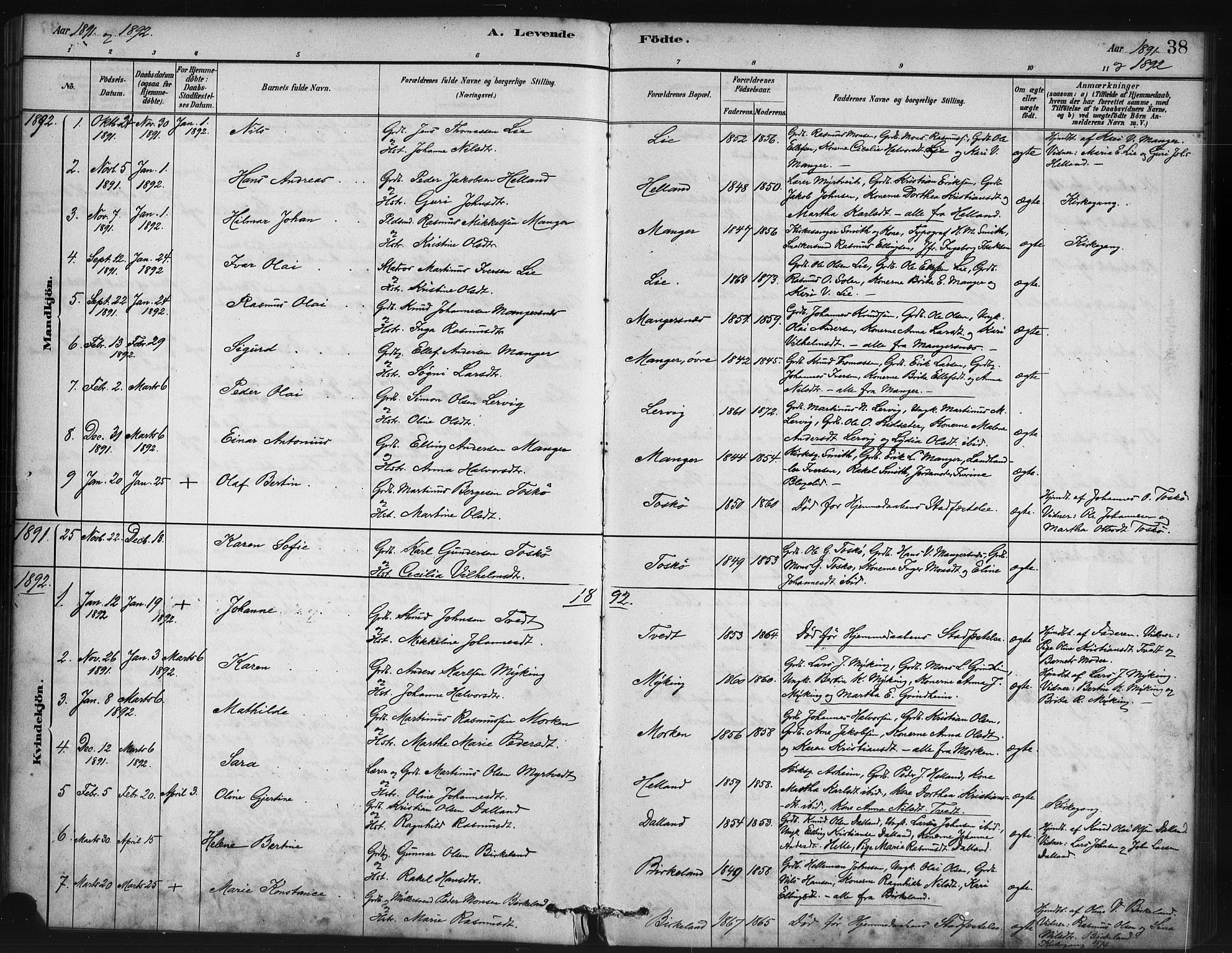 Manger sokneprestembete, AV/SAB-A-76801/H/Haa: Ministerialbok nr. B 1, 1881-1892, s. 38