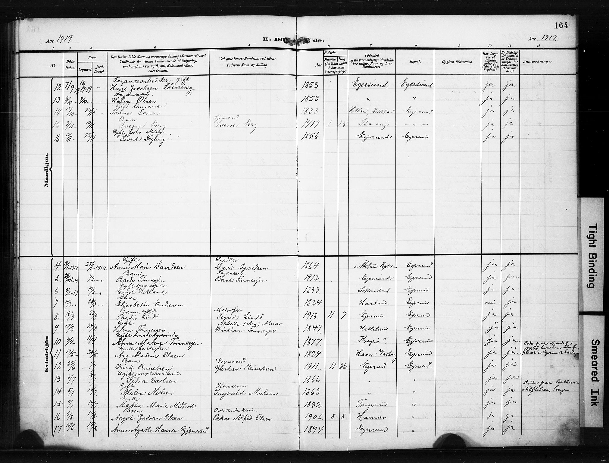 Eigersund sokneprestkontor, AV/SAST-A-101807/S09/L0012: Klokkerbok nr. B 12, 1908-1930, s. 164