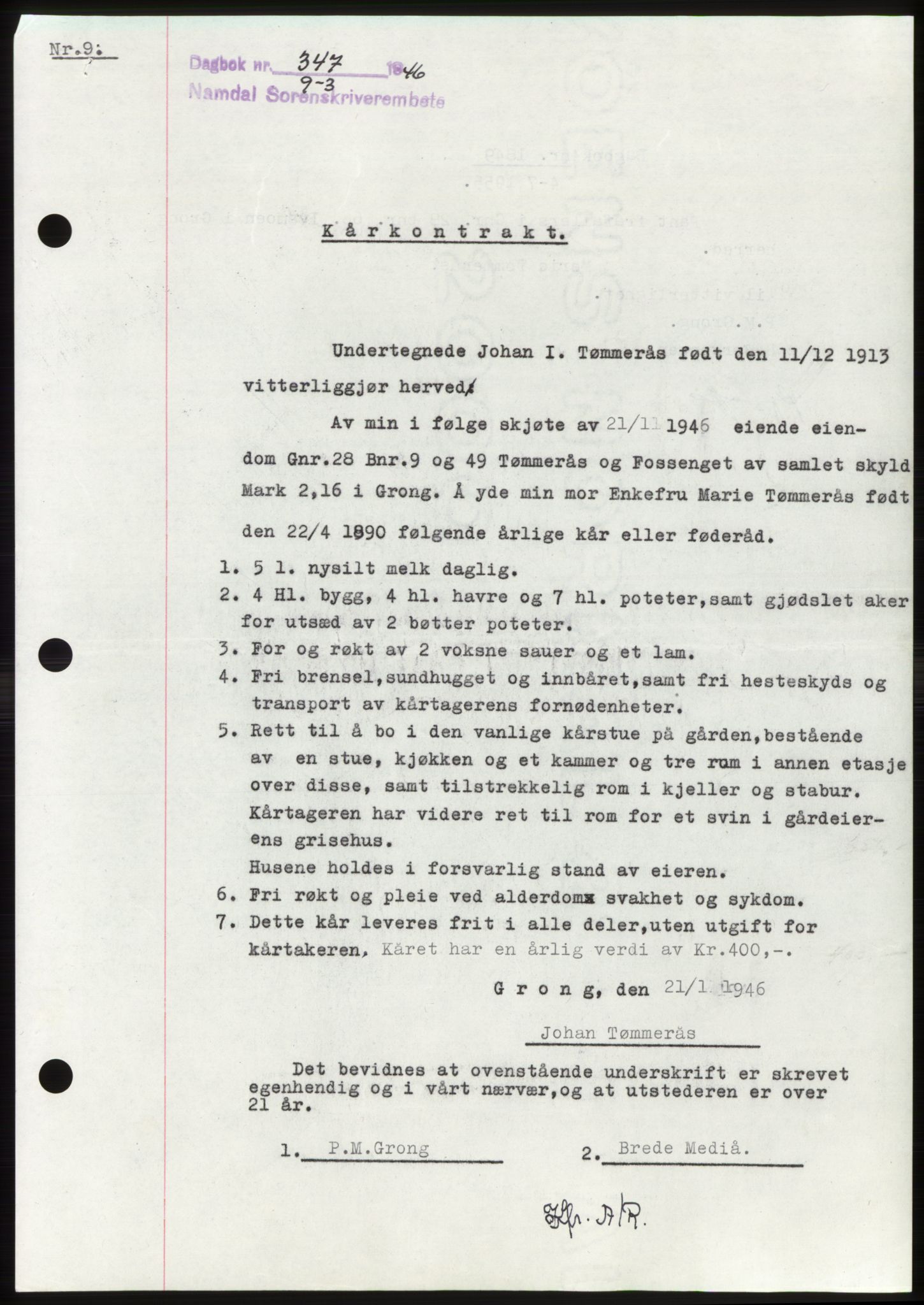 Namdal sorenskriveri, SAT/A-4133/1/2/2C: Pantebok nr. -, 1946-1946, Dagboknr: 347/1946