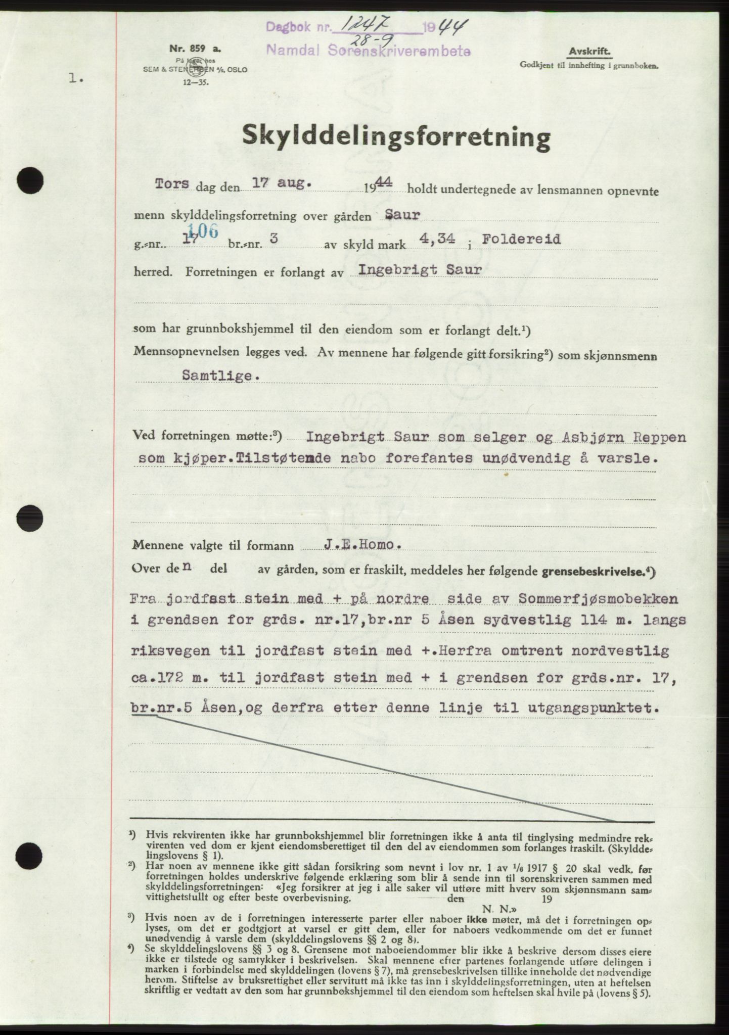 Namdal sorenskriveri, SAT/A-4133/1/2/2C: Pantebok nr. -, 1944-1945, Dagboknr: 1247/1944