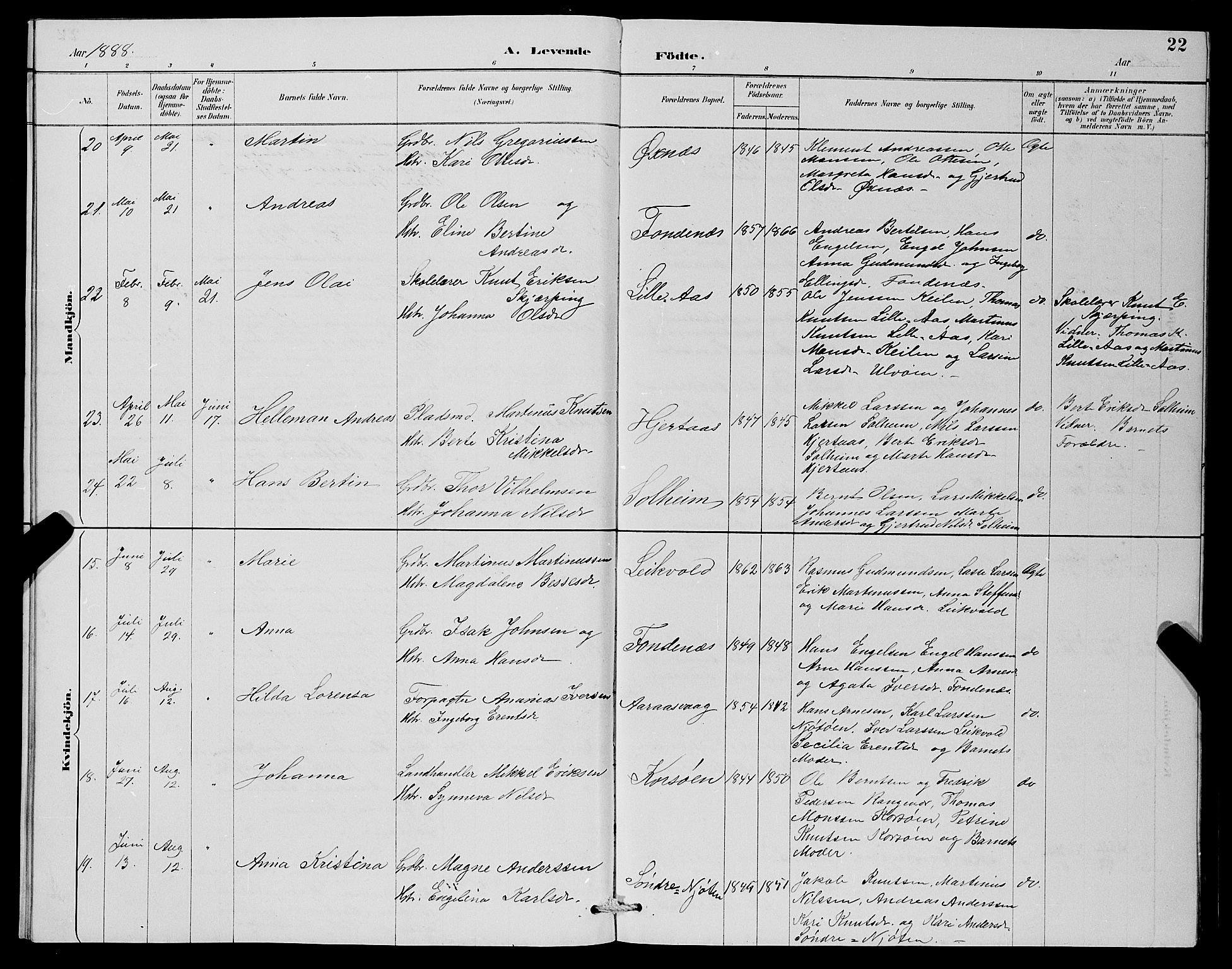 Lindås Sokneprestembete, AV/SAB-A-76701/H/Hab/Habc/L0003: Klokkerbok nr. C 3, 1886-1893, s. 22