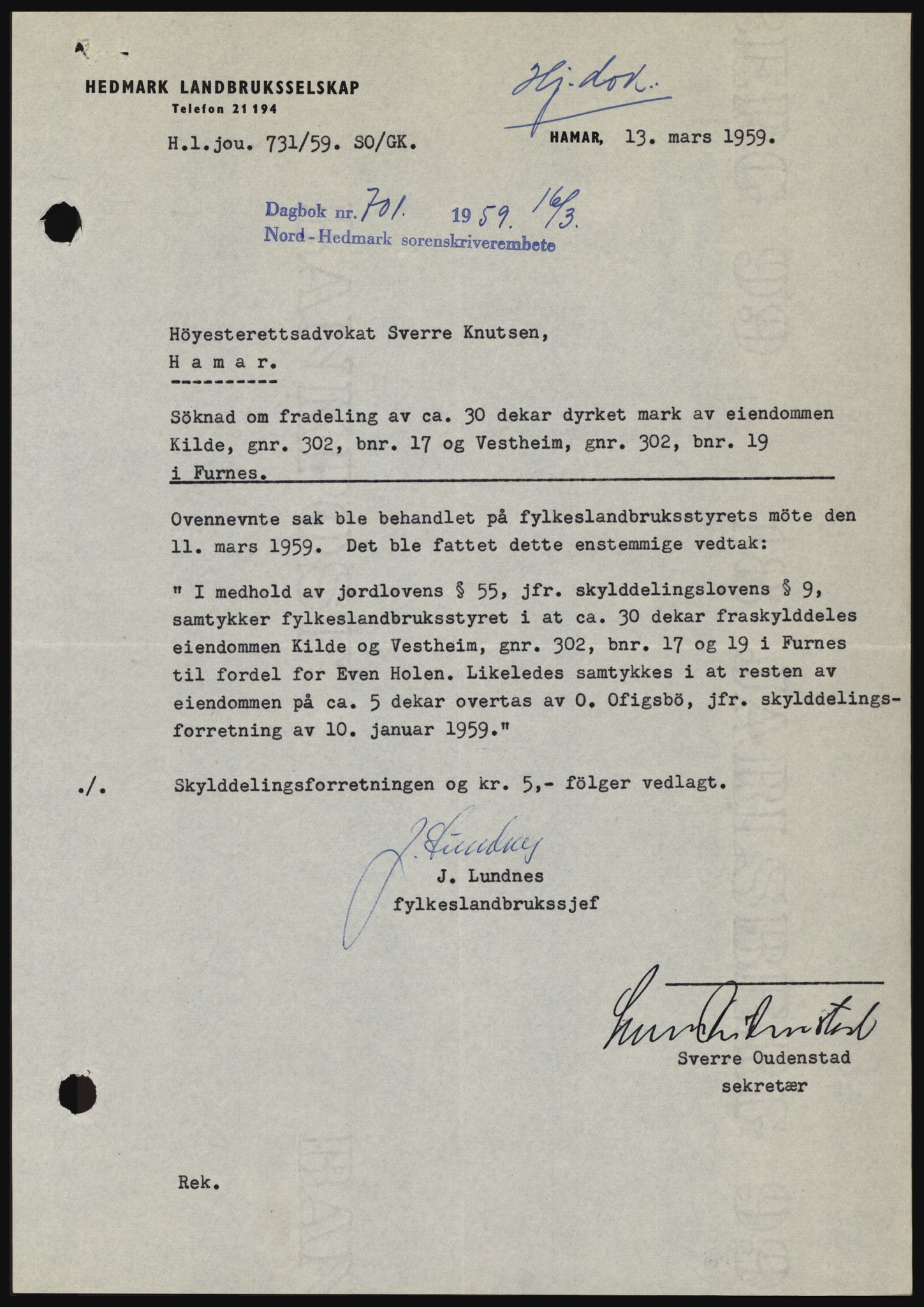 Nord-Hedmark sorenskriveri, SAH/TING-012/H/Hc/L0013: Pantebok nr. 13, 1959-1960, Dagboknr: 701/1959