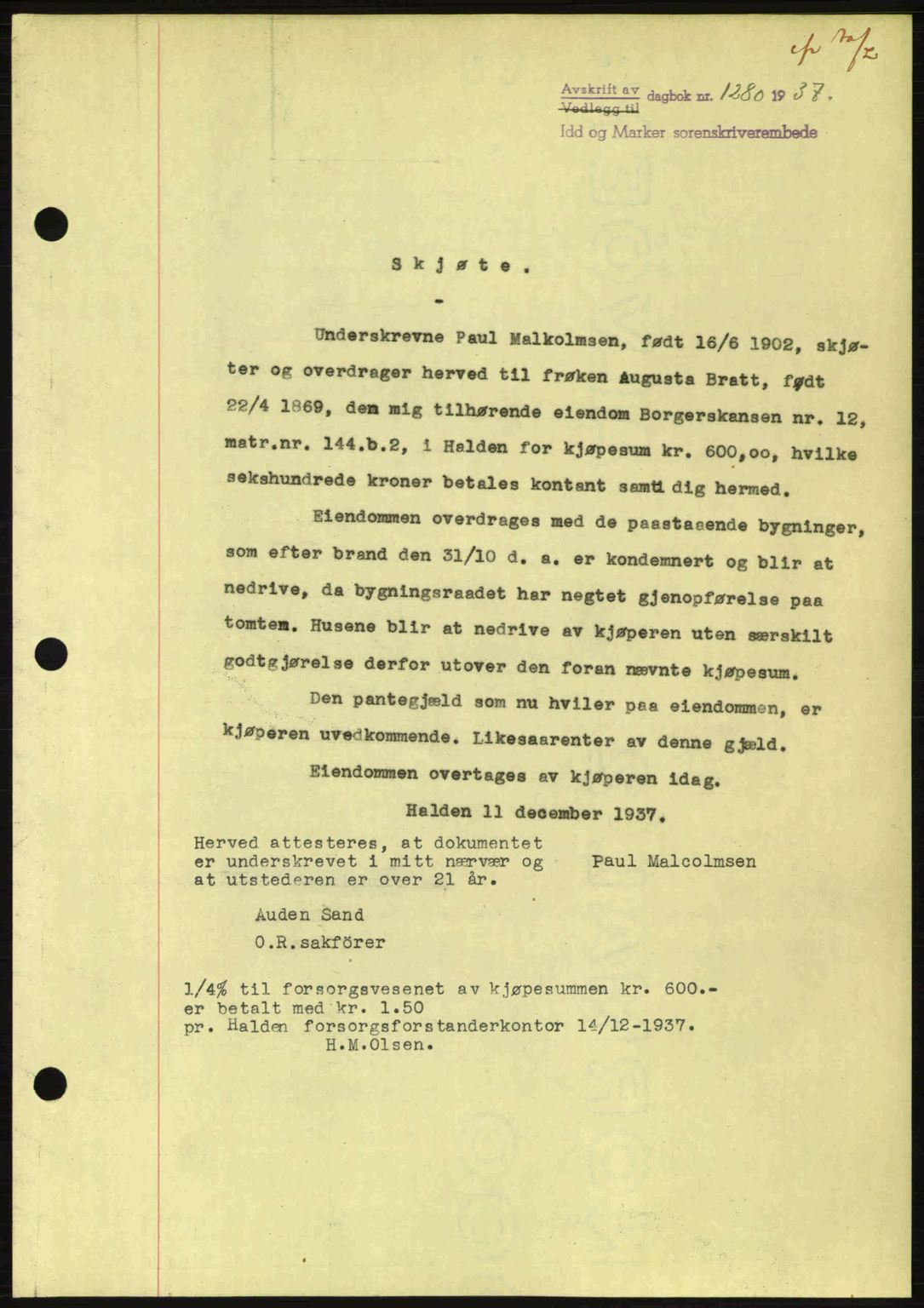Idd og Marker sorenskriveri, AV/SAO-A-10283/G/Gb/Gbb/L0002: Pantebok nr. A2, 1937-1938, Dagboknr: 1280/1937