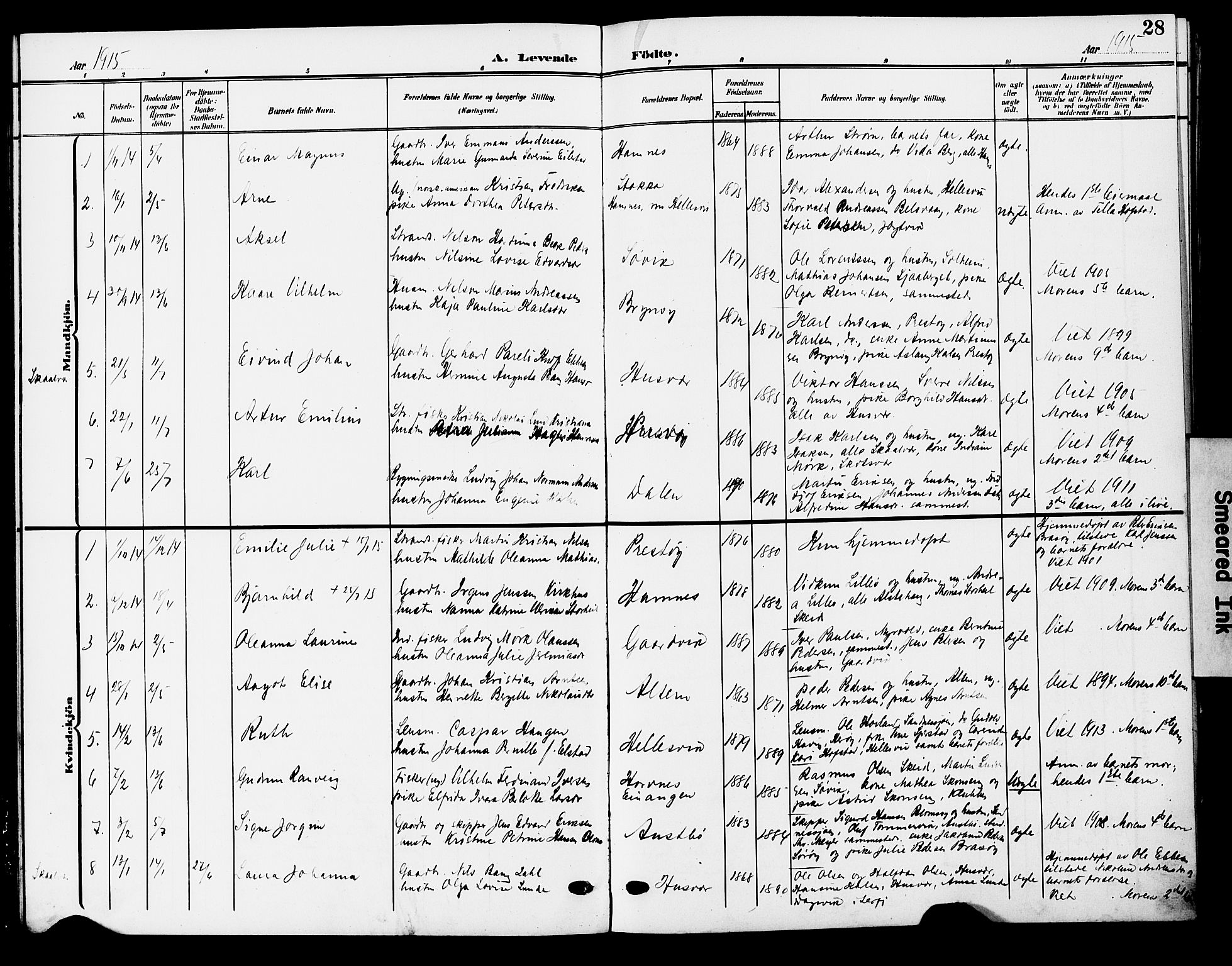 Ministerialprotokoller, klokkerbøker og fødselsregistre - Nordland, AV/SAT-A-1459/830/L0464: Klokkerbok nr. 830C06, 1906-1925, s. 28