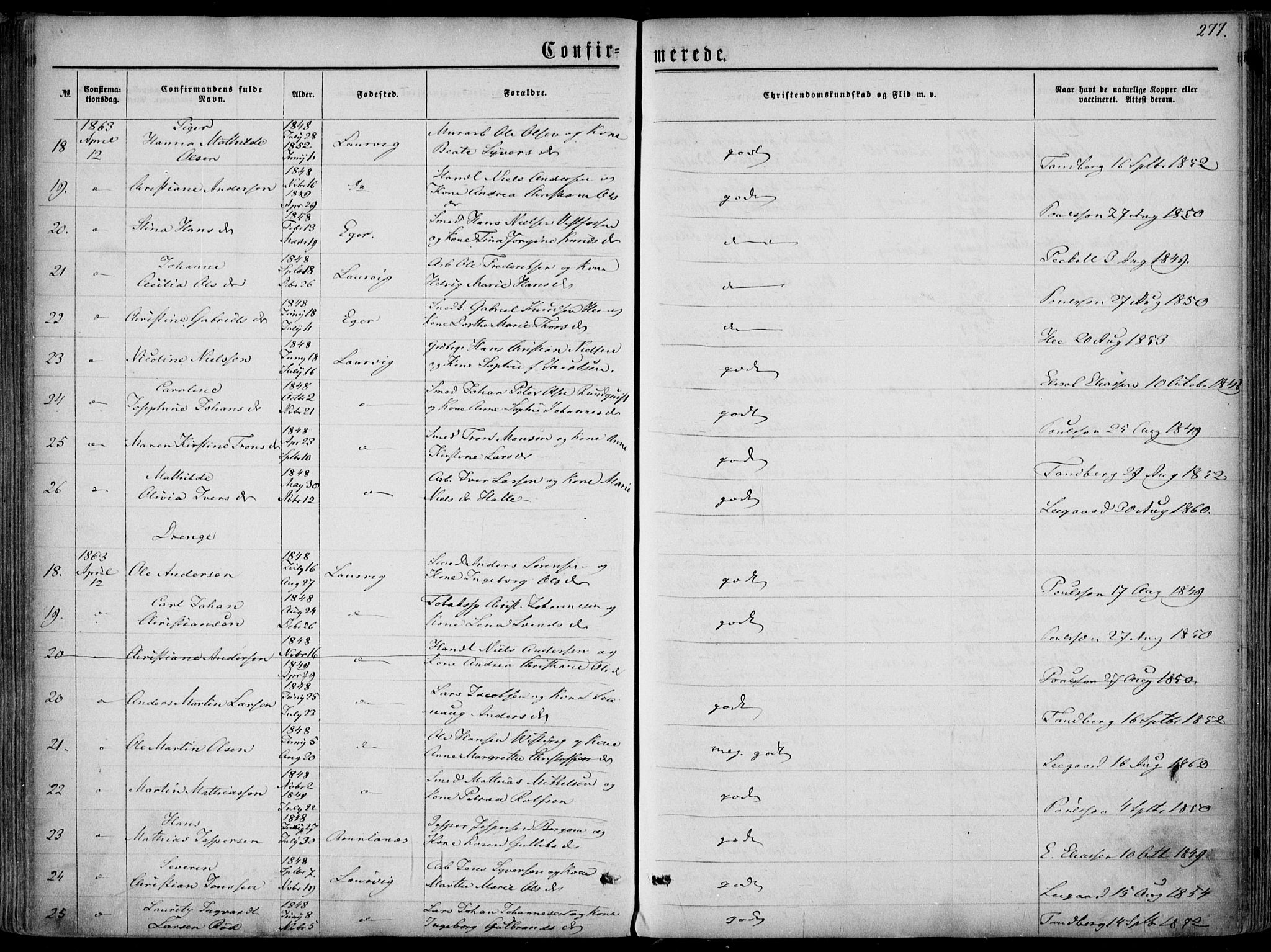 Larvik kirkebøker, AV/SAKO-A-352/F/Fa/L0004: Ministerialbok nr. I 4, 1856-1870, s. 277