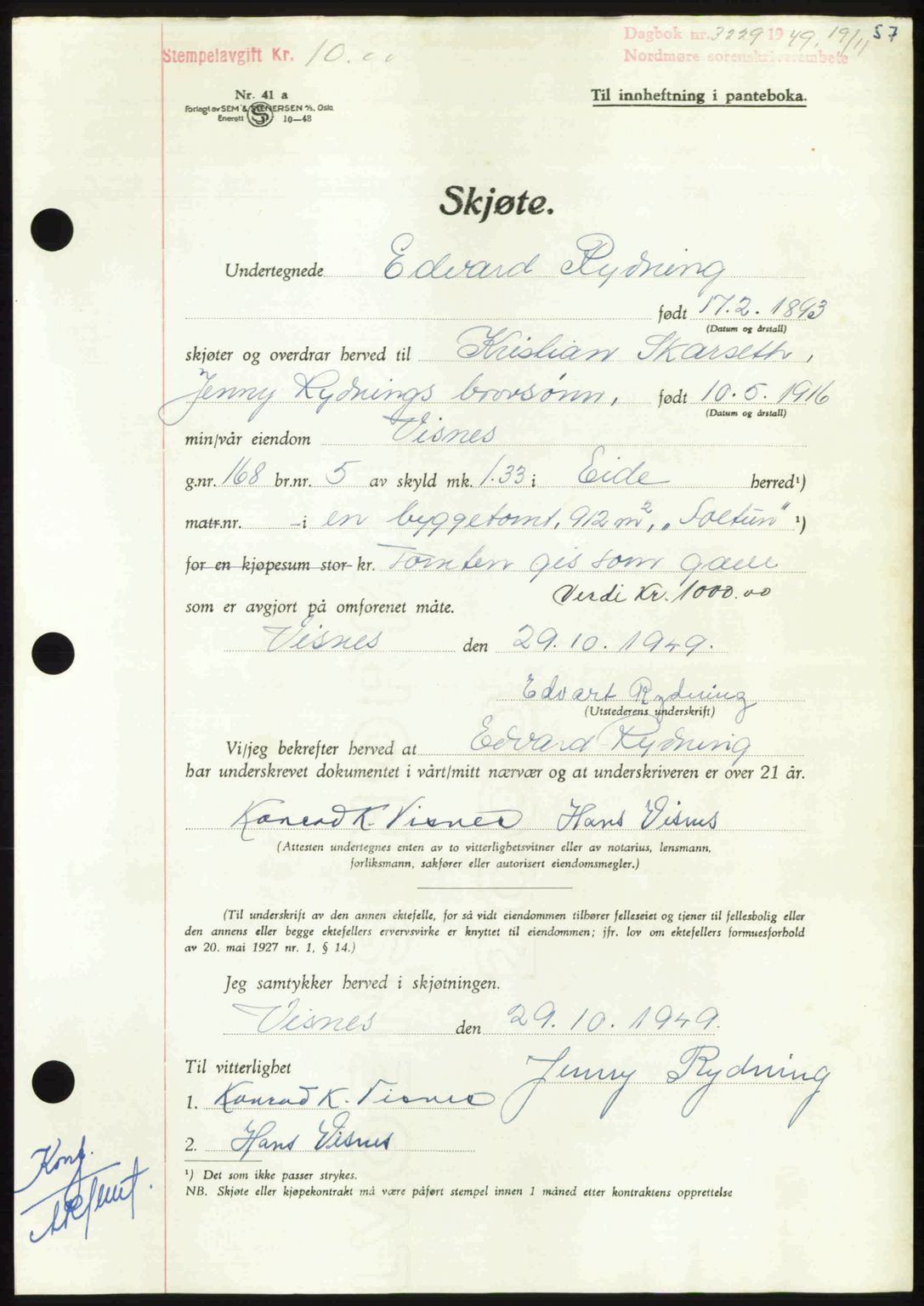 Nordmøre sorenskriveri, AV/SAT-A-4132/1/2/2Ca: Pantebok nr. A113, 1949-1950, Dagboknr: 3229/1949