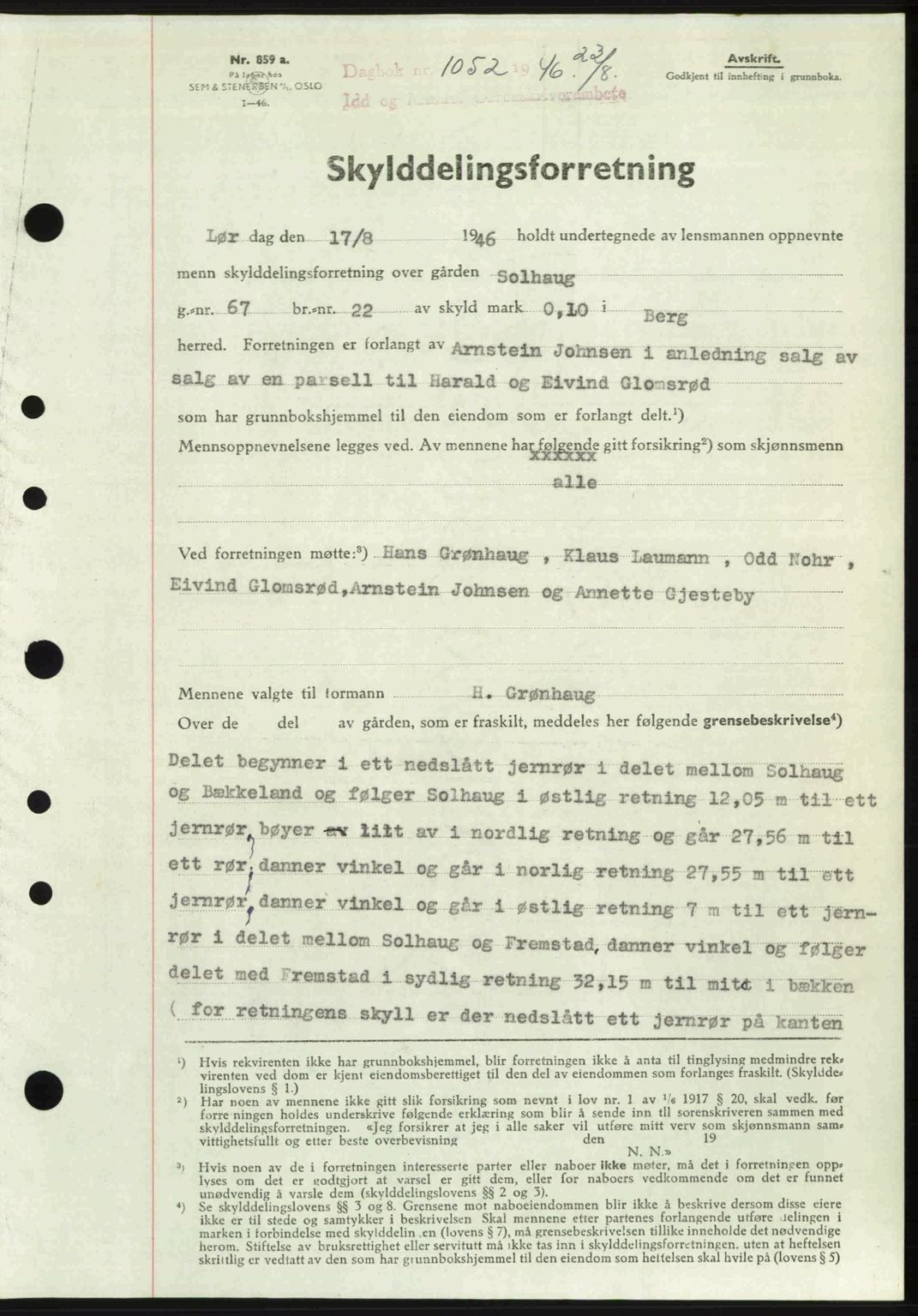 Idd og Marker sorenskriveri, AV/SAO-A-10283/G/Gb/Gbb/L0008: Pantebok nr. A8, 1946-1946, Dagboknr: 1052/1946