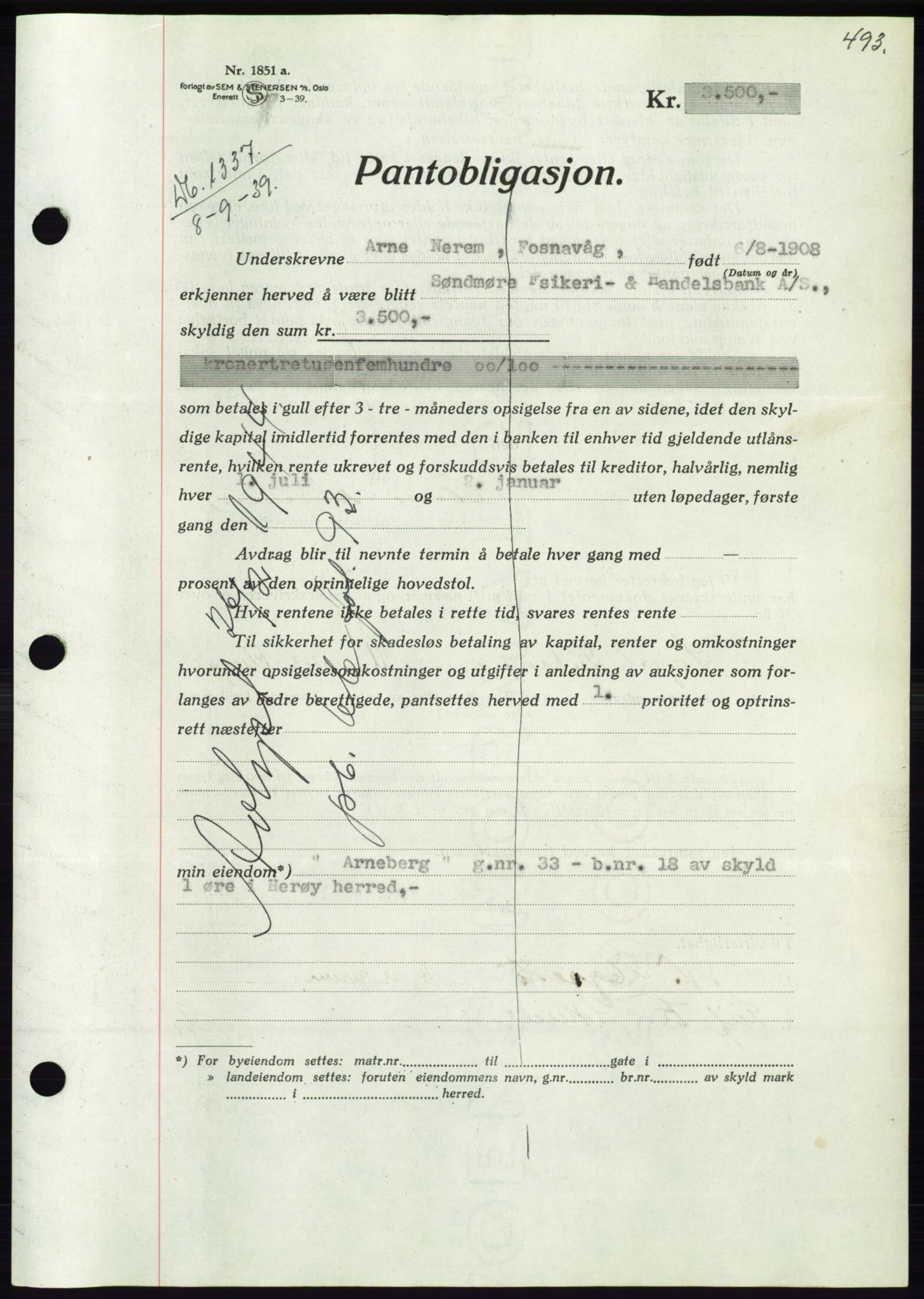 Søre Sunnmøre sorenskriveri, AV/SAT-A-4122/1/2/2C/L0068: Pantebok nr. 62, 1939-1939, Dagboknr: 1337/1939