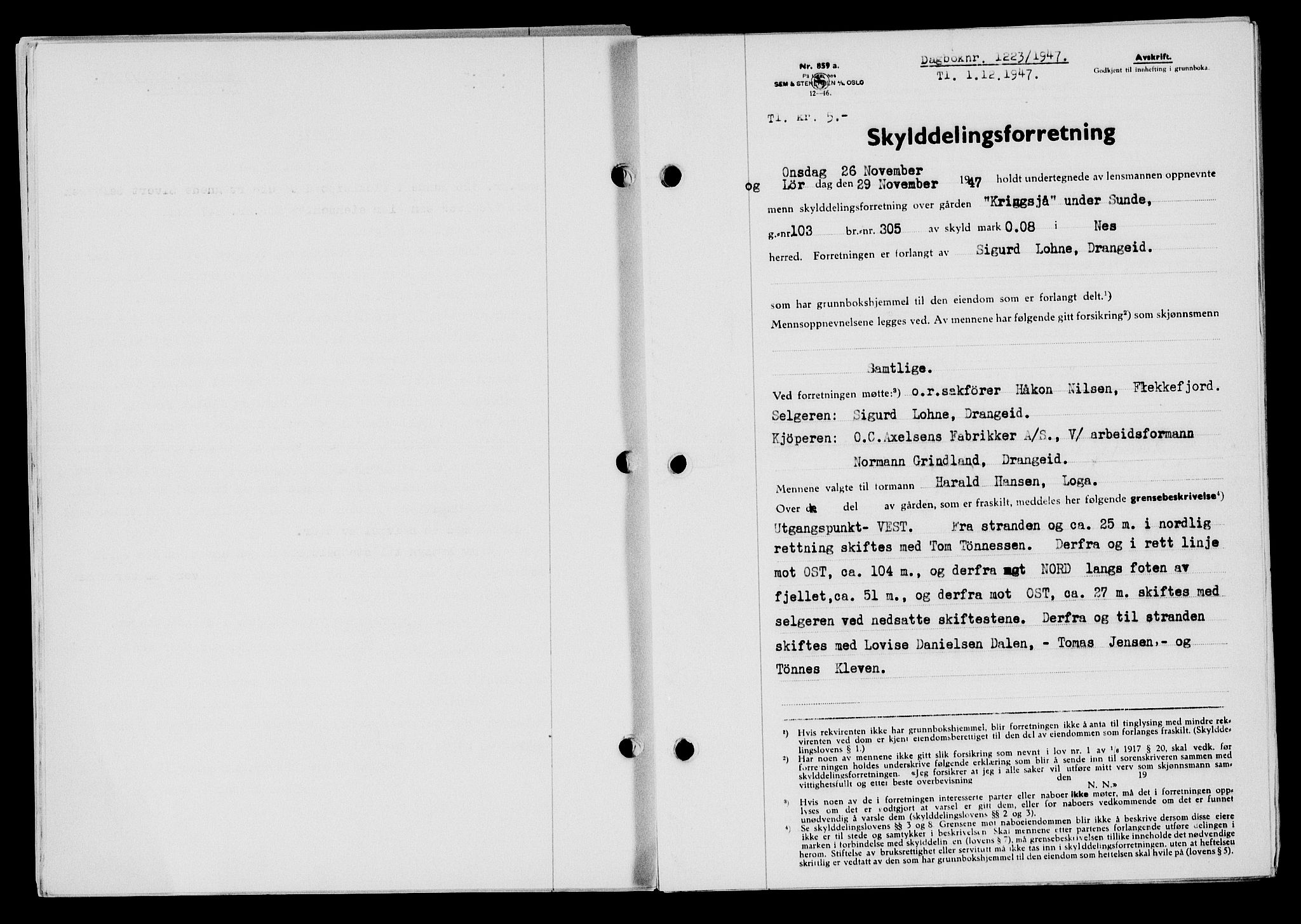 Flekkefjord sorenskriveri, SAK/1221-0001/G/Gb/Gba/L0063: Pantebok nr. A-11, 1947-1948, Dagboknr: 1223/1947