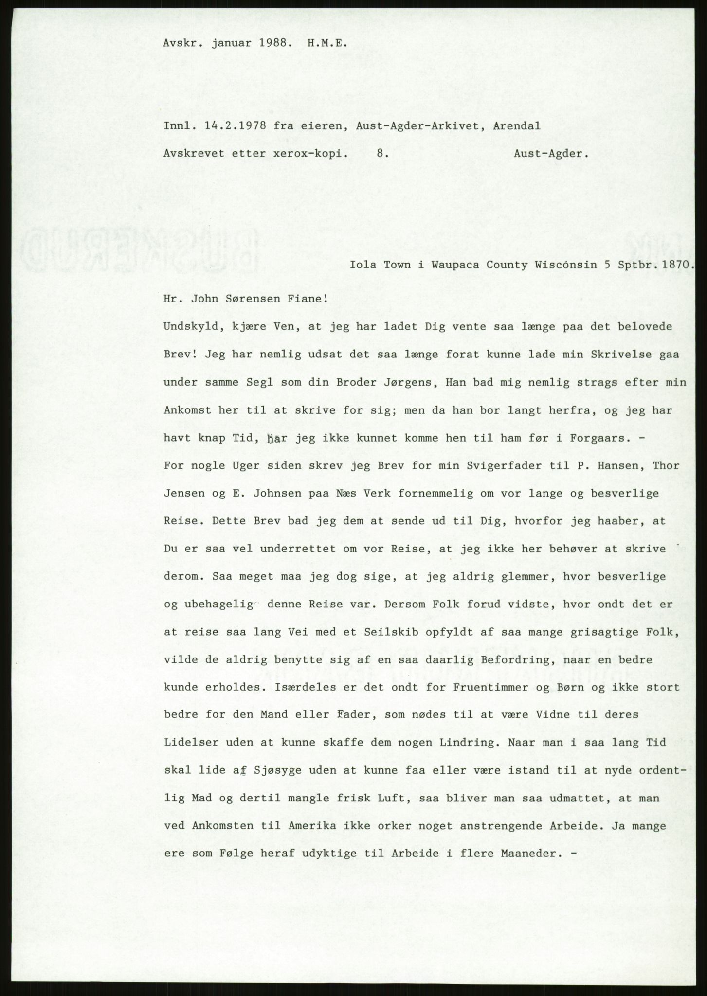 Samlinger til kildeutgivelse, Amerikabrevene, AV/RA-EA-4057/F/L0026: Innlån fra Aust-Agder: Aust-Agder-Arkivet - Erickson, 1838-1914, s. 141