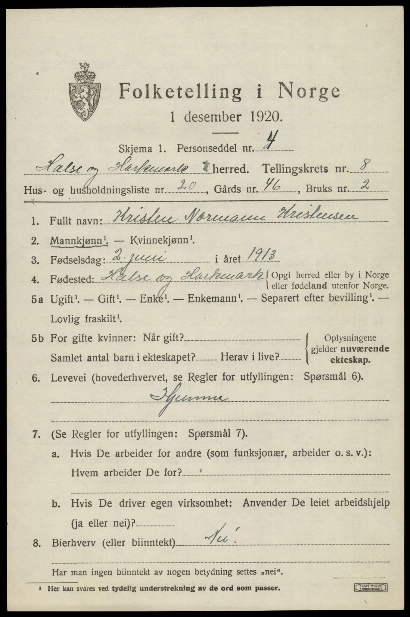 SAK, Folketelling 1920 for 1019 Halse og Harkmark herred, 1920, s. 4511