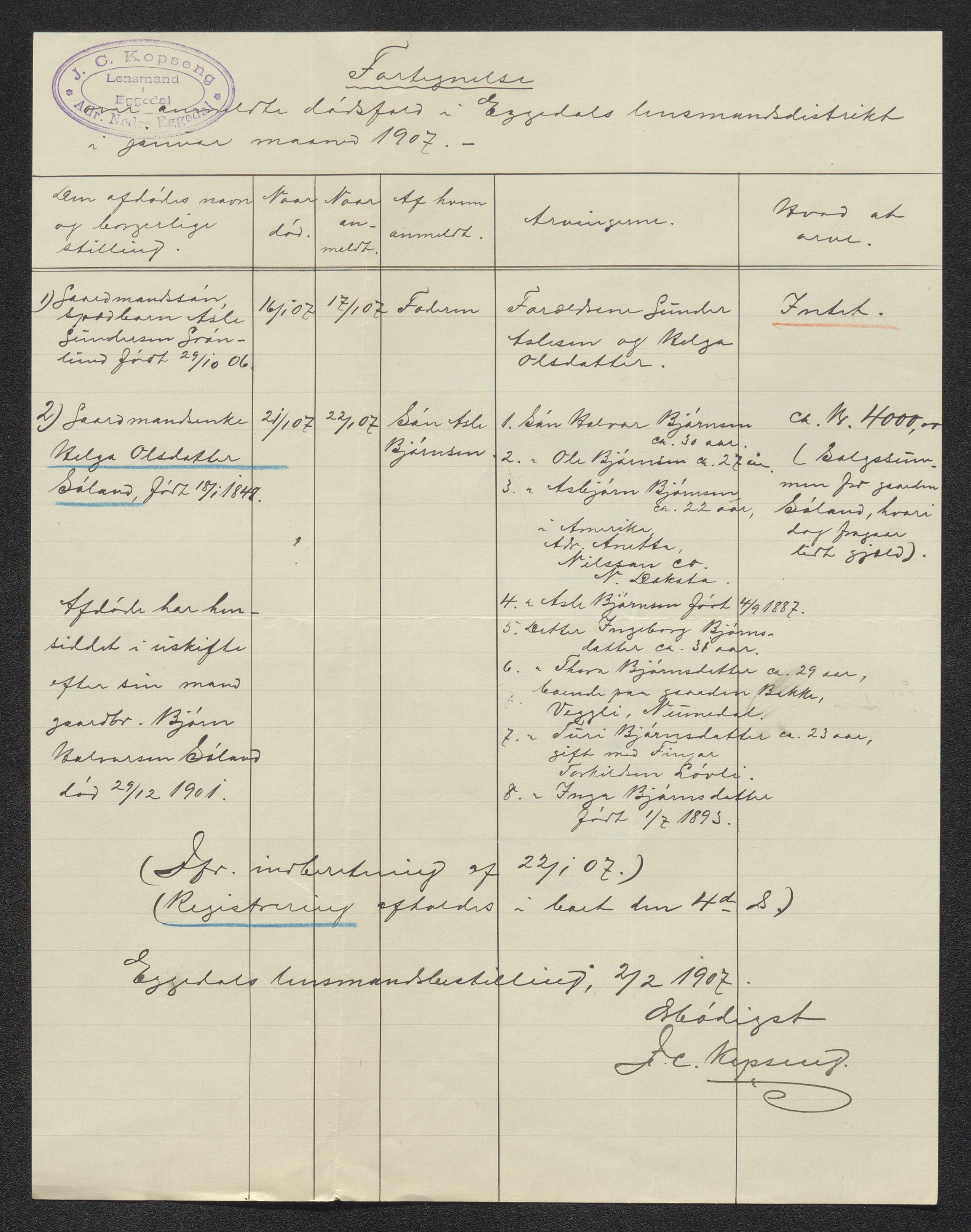 Eiker, Modum og Sigdal sorenskriveri, SAKO/A-123/H/Ha/Hab/L0032: Dødsfallsmeldinger, 1907-1908, s. 354