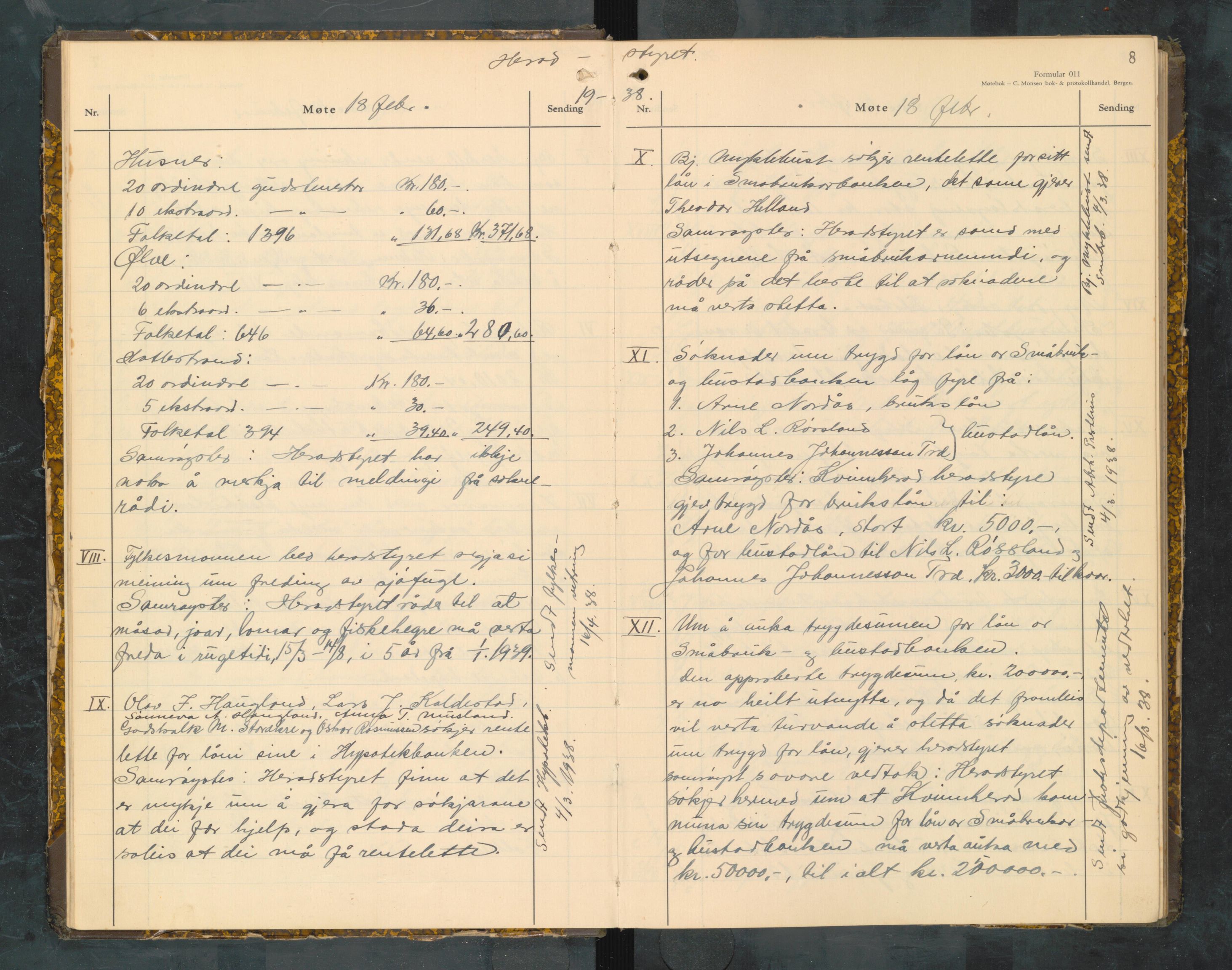Kvinnherad kommune. Formannskapet, IKAH/1224-021/A/Aa/L0010: Møtebok for formannskap og heradstyre i Kvinnherad prestegjeld og styre i soknekommunane Kvinnherad, Ølve, Husnes og Ænes, 1938-1942