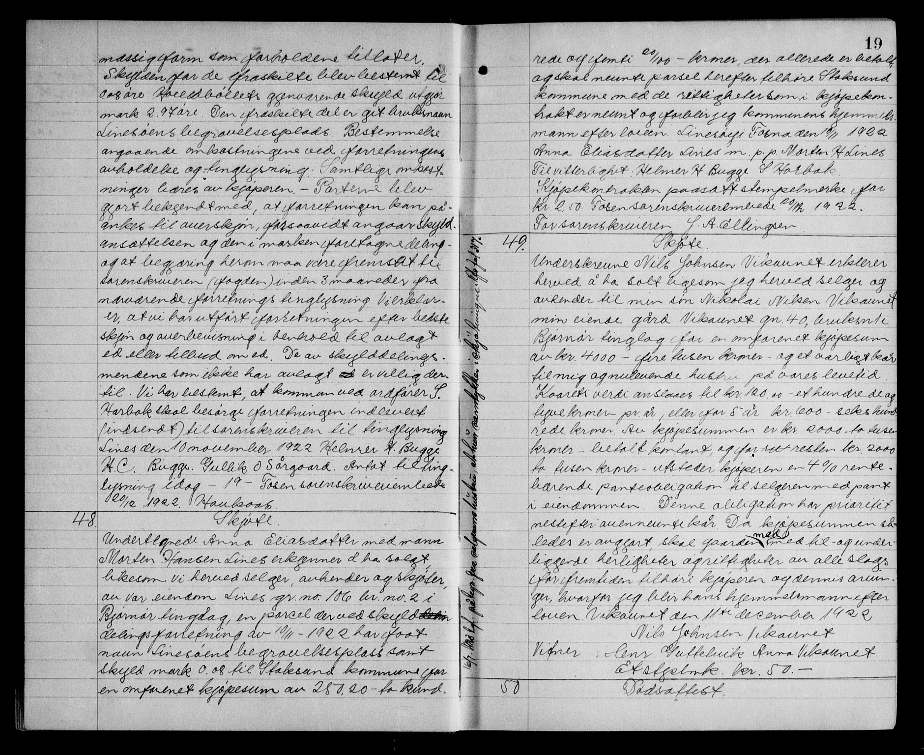Fosen sorenskriveri, AV/SAT-A-1107/1/2/2C/L0059: Pantebok nr. 50, 1923-1923, s. 19
