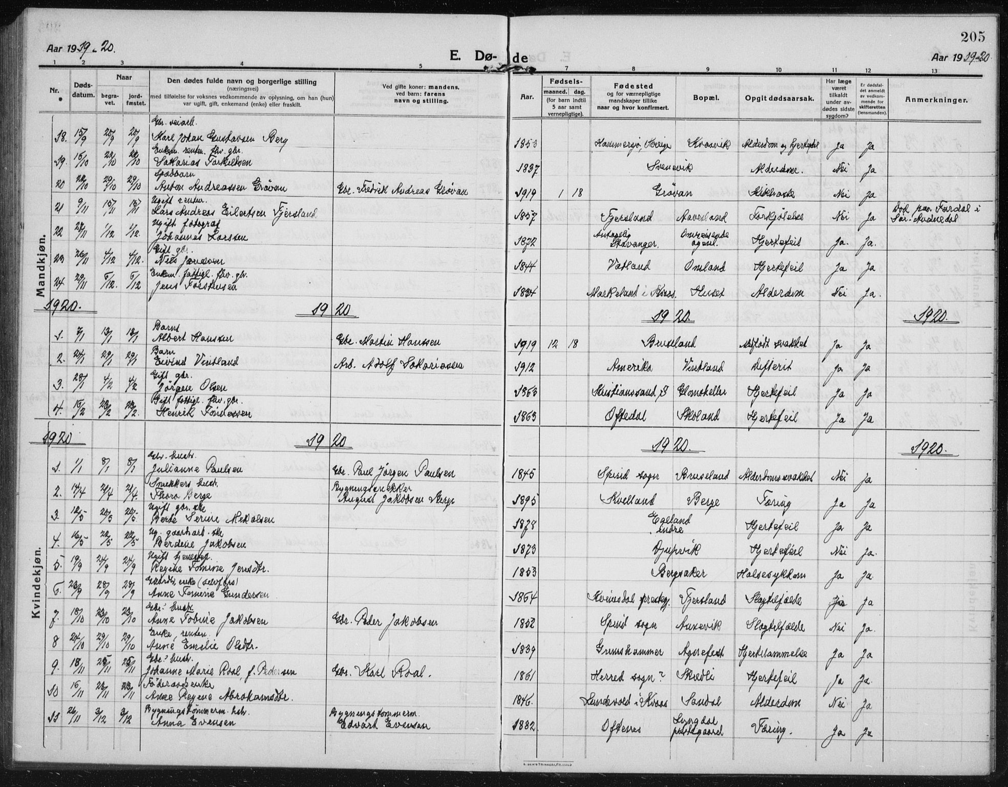 Lyngdal sokneprestkontor, SAK/1111-0029/F/Fb/Fbc/L0006: Klokkerbok nr. B 6, 1914-1934, s. 205