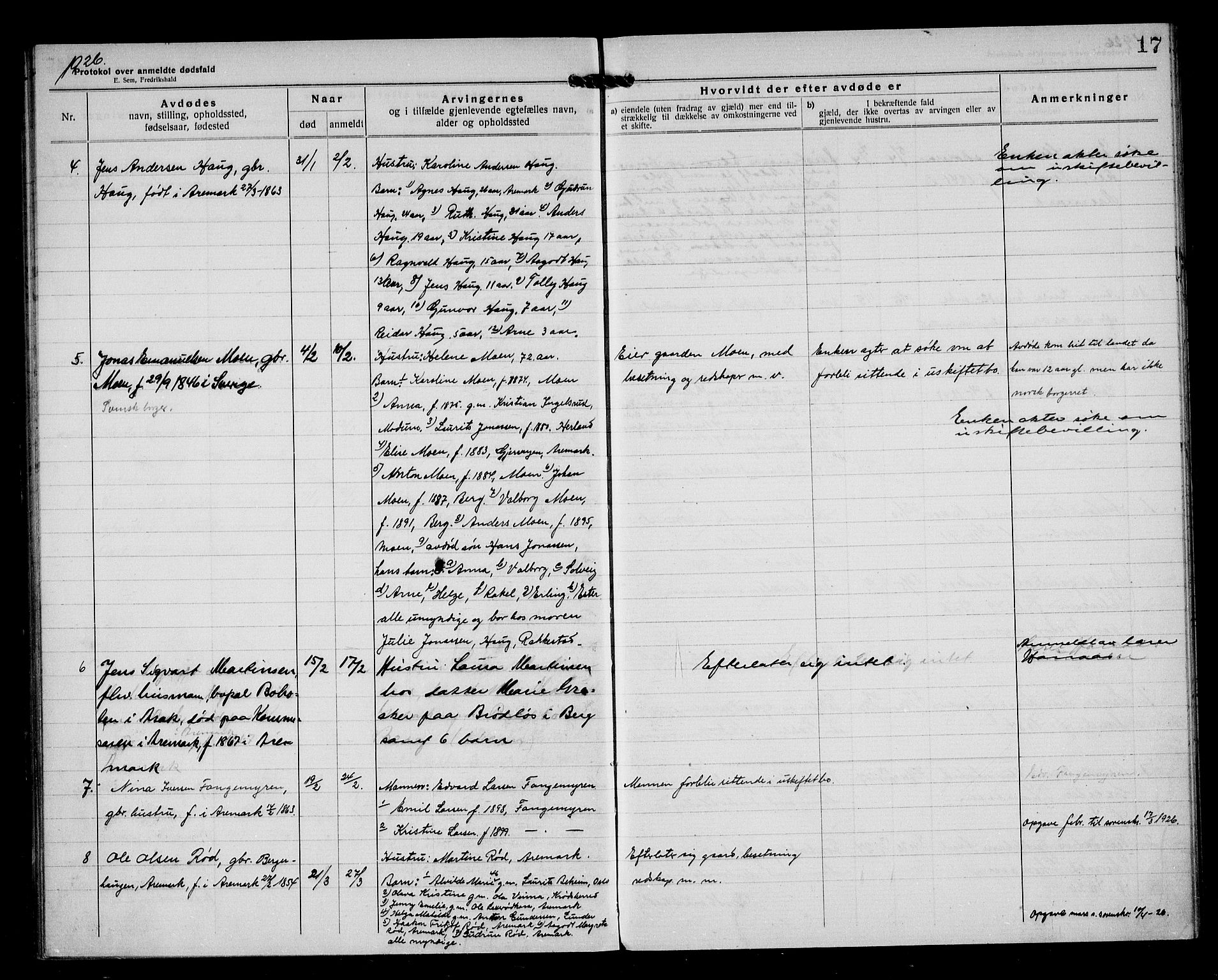 Aremark lensmannskontor, AV/SAO-A-10631/H/Ha/L0004: Dødsfallsprotokoll, 1922-1933, s. 17