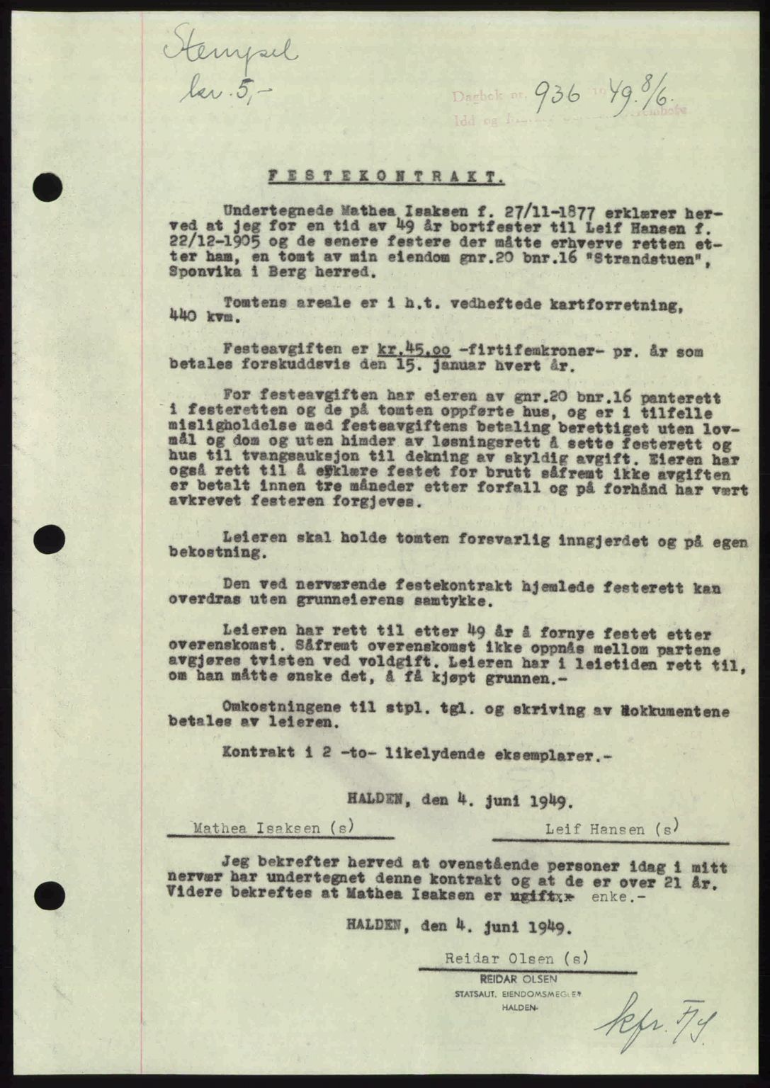 Idd og Marker sorenskriveri, SAO/A-10283/G/Gb/Gbb/L0012: Pantebok nr. A12, 1949-1949, Dagboknr: 936/1949