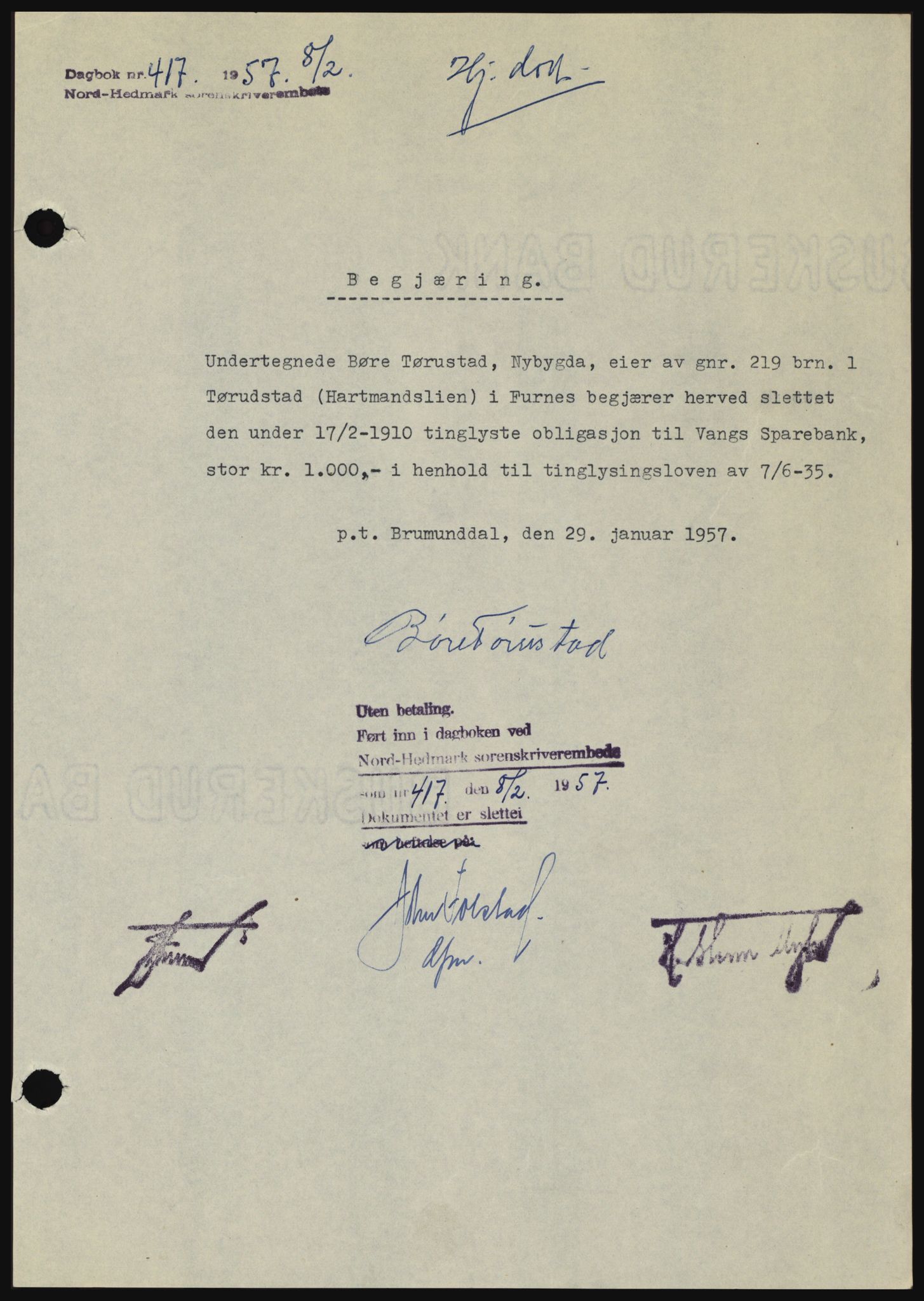 Nord-Hedmark sorenskriveri, SAH/TING-012/H/Hc/L0011: Pantebok nr. 11, 1956-1957, Dagboknr: 417/1957