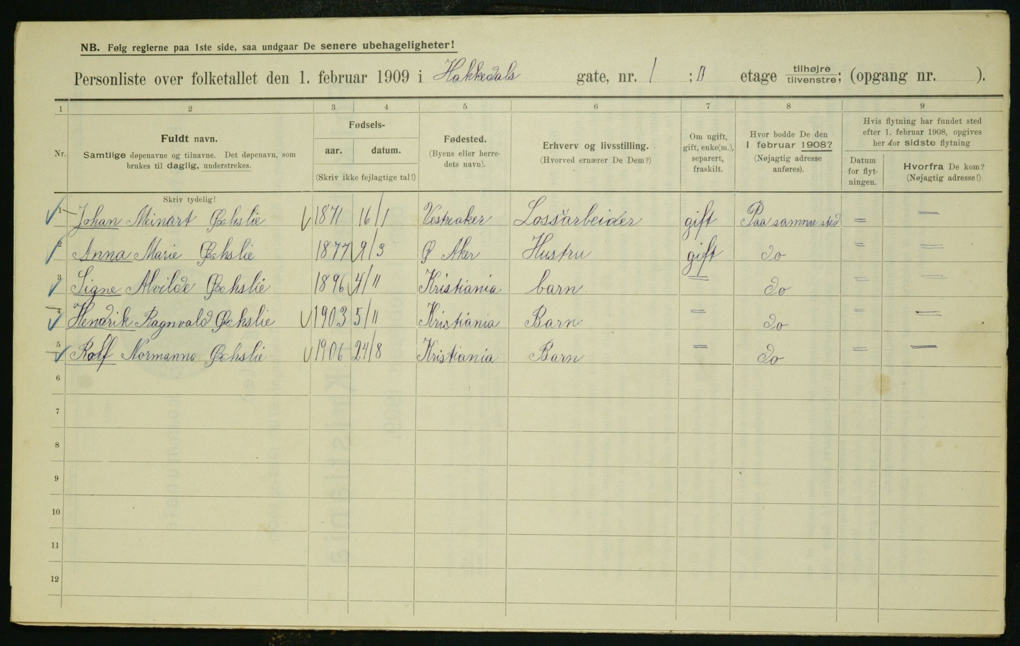 OBA, Kommunal folketelling 1.2.1909 for Kristiania kjøpstad, 1909, s. 21854