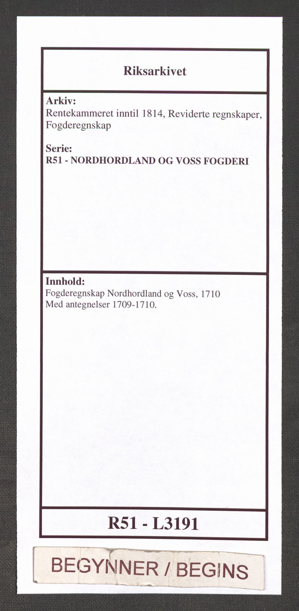 Rentekammeret inntil 1814, Reviderte regnskaper, Fogderegnskap, RA/EA-4092/R51/L3191: Fogderegnskap Nordhordland og Voss, 1710, s. 1