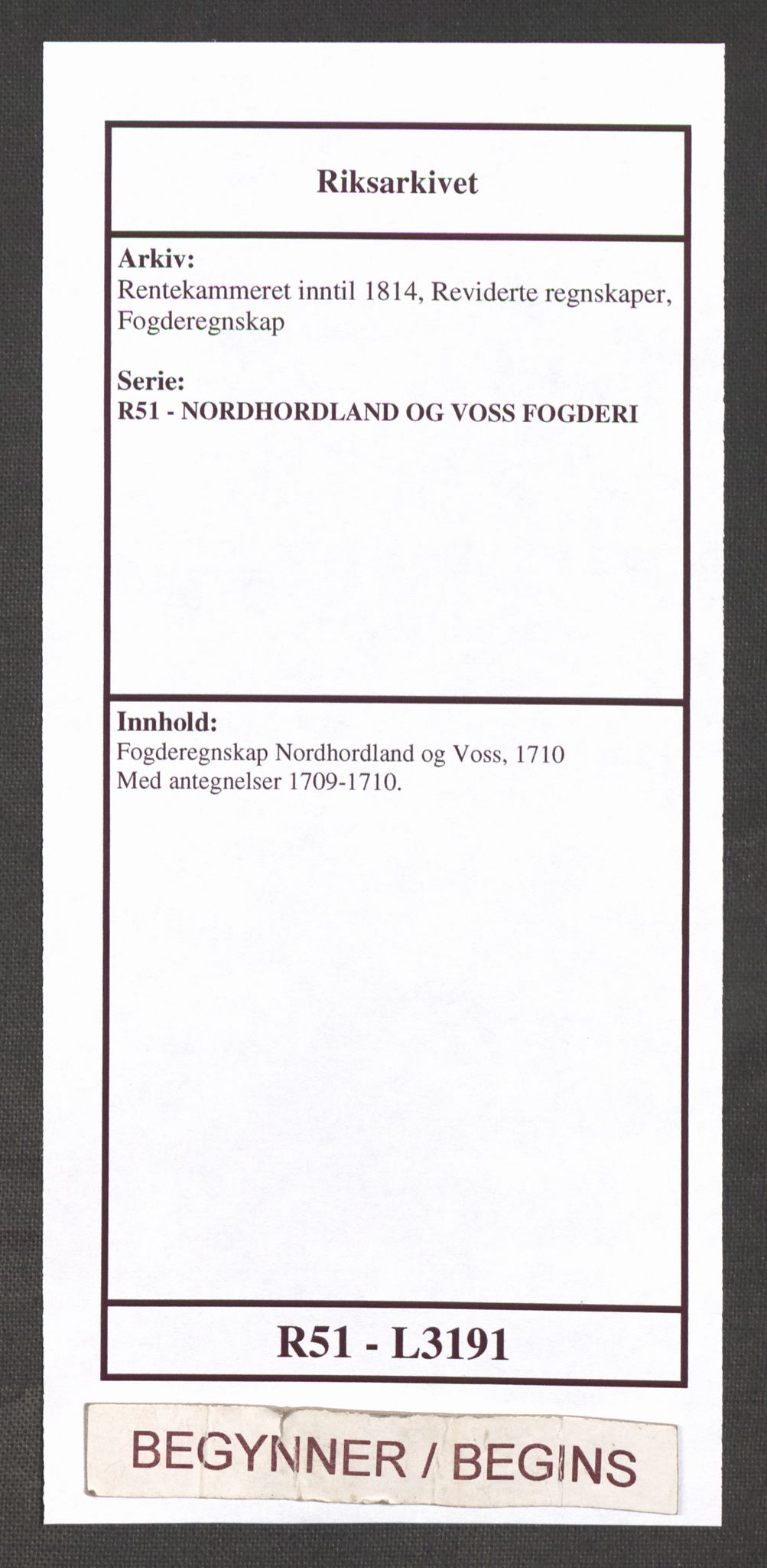 Rentekammeret inntil 1814, Reviderte regnskaper, Fogderegnskap, AV/RA-EA-4092/R51/L3191: Fogderegnskap Nordhordland og Voss, 1710, s. 1